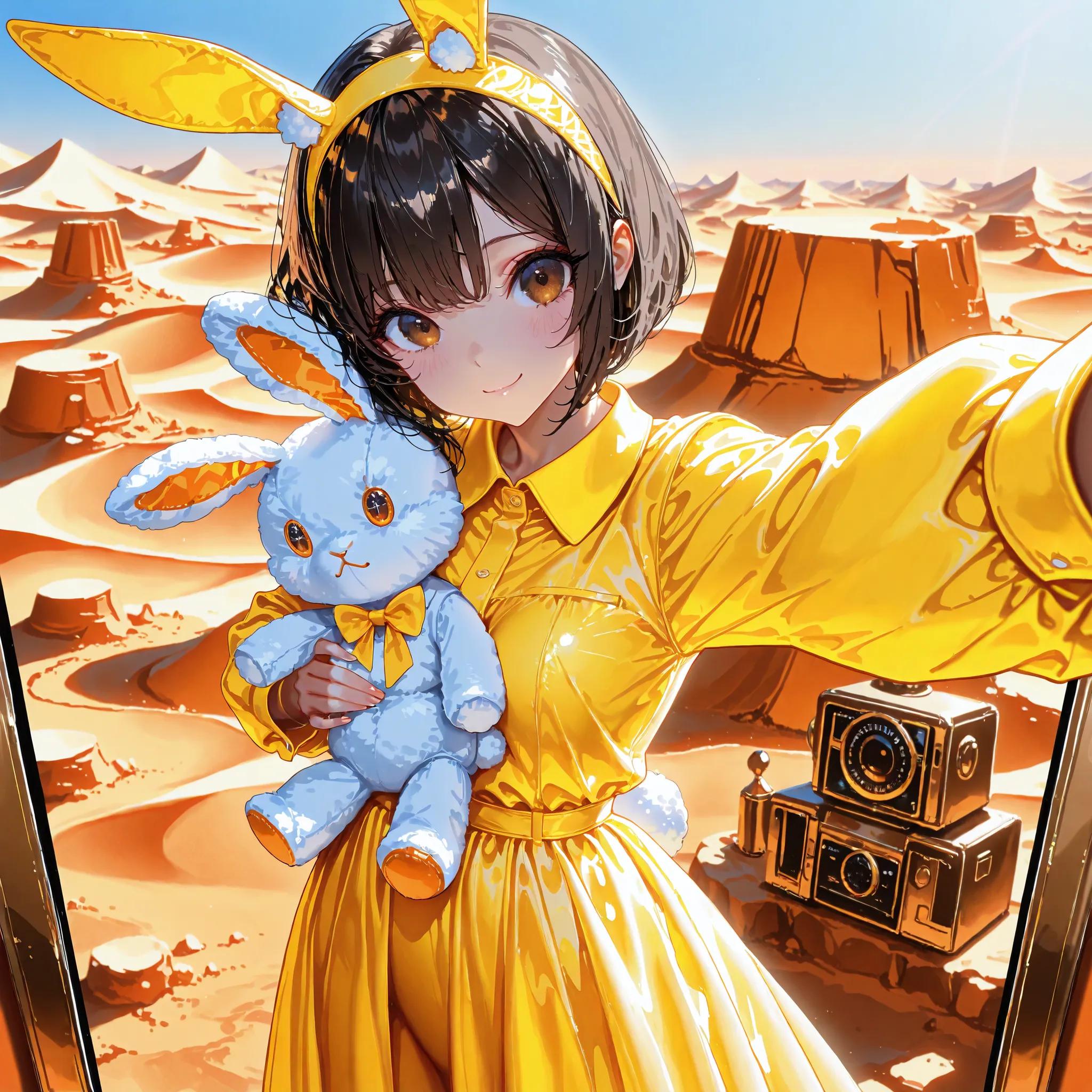 Masterpiece, top quality, absurd, high resolution, cinematic composition, ultra detailed, high quality,Perfect anatomical structure ,1girl,(cowboy shot),selfie,Stuffed white rabbit toy,(Desert Oasis),yellow Collared long dress, A kind smile,Bunny headband,...