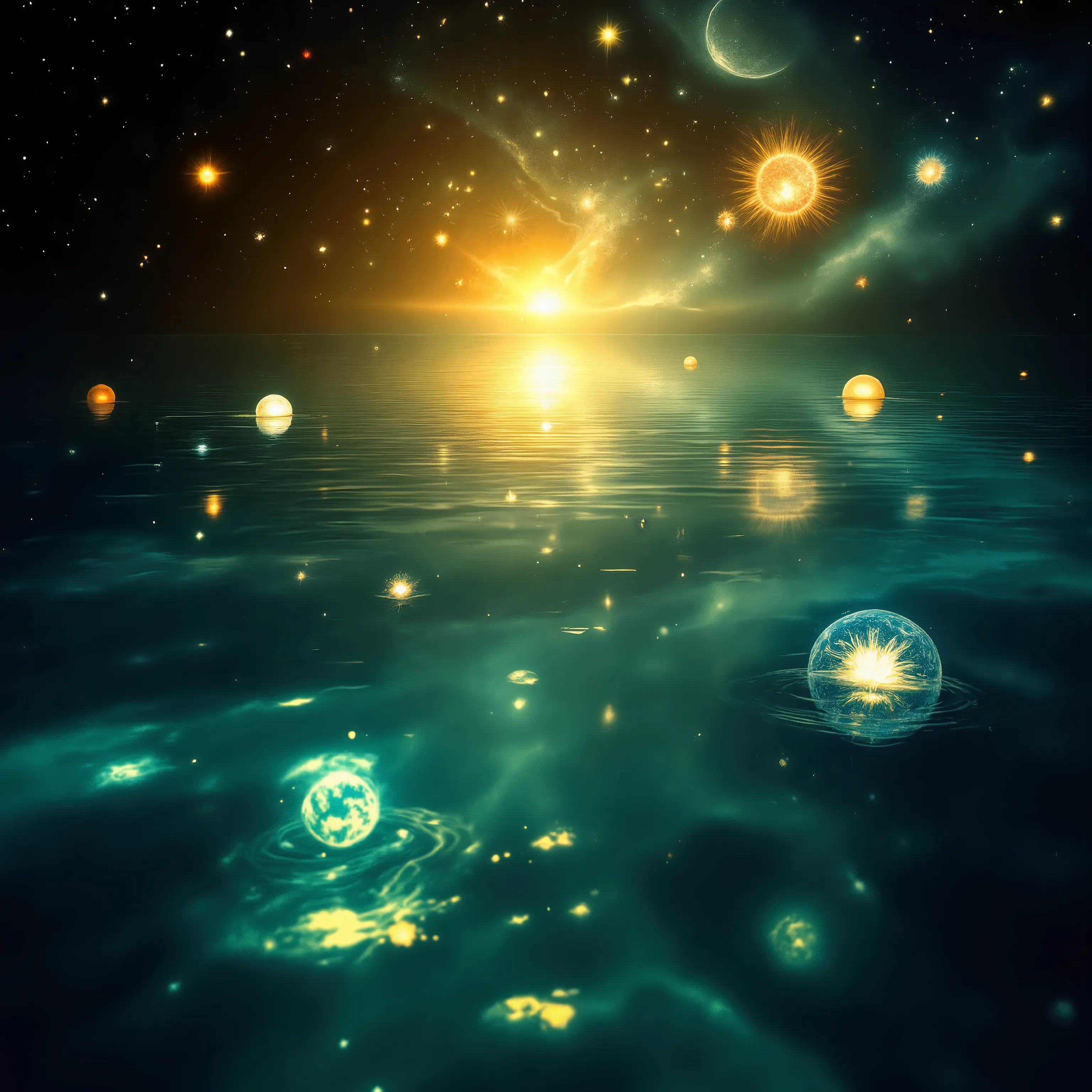 A large expanse of water in space, with images of beautiful reflected in it.rearistic,wave water,ultra clear colors , Mystical and fantastical, ((various colors,gradation)),yellow lighting