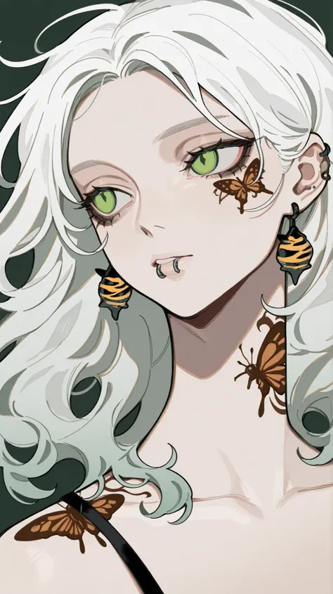 masterpiece, best quality, amazing quality, newest, very aesthetic, 1girl,Image is a digital illustration featuring a stylized portrait of a person with short, wavy white hair and light skin. The subject has striking green eyes and a confident expression, ...