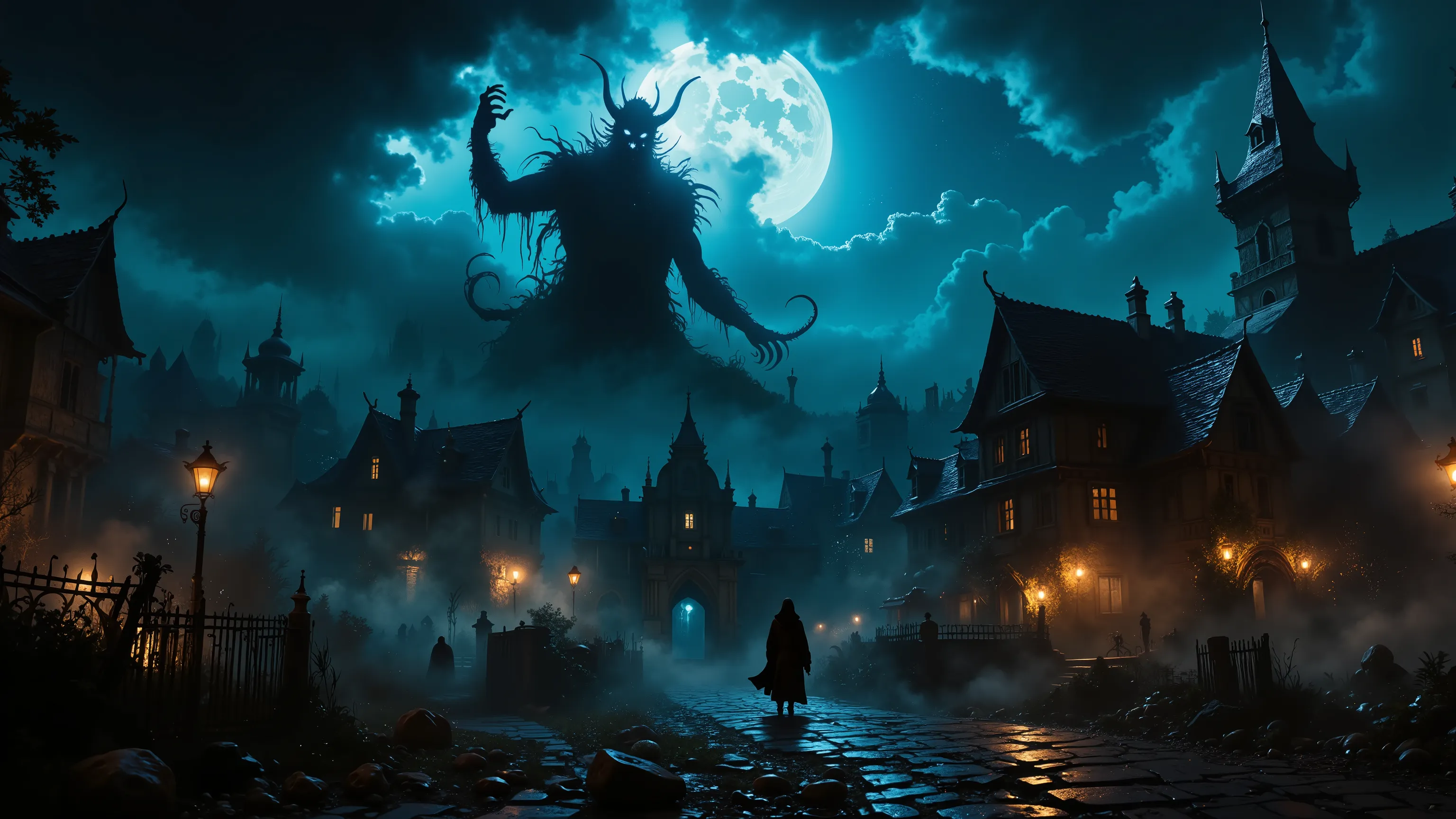 Under a menacing night sky, a colossal, shadowy figure looms ominously above a medieval village. The creature, with a ghoulish face and elongated claws, seems to emerge from the swirling clouds, backlit by a bright, full moon that casts an eerie glow over ...