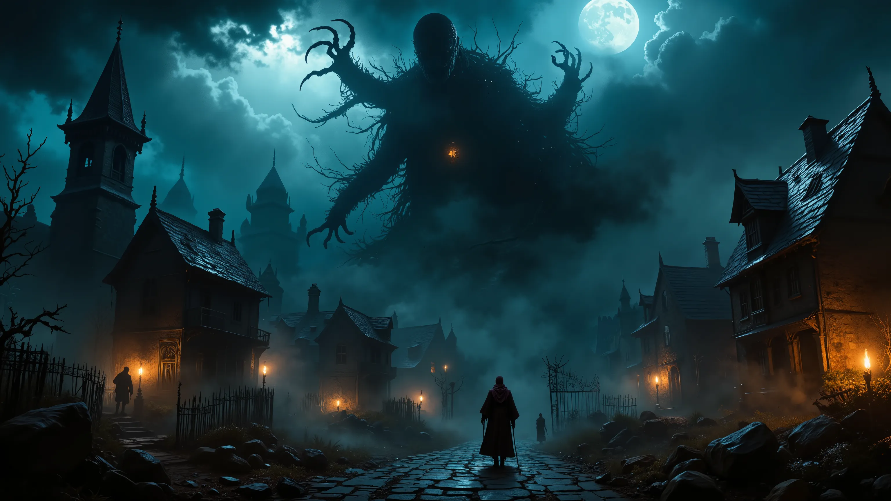 Under a menacing night sky, a colossal, shadowy figure looms ominously above a medieval village. The creature, with a ghoulish face and elongated claws, seems to emerge from the swirling clouds, backlit by a bright, full moon that casts an eerie glow over ...