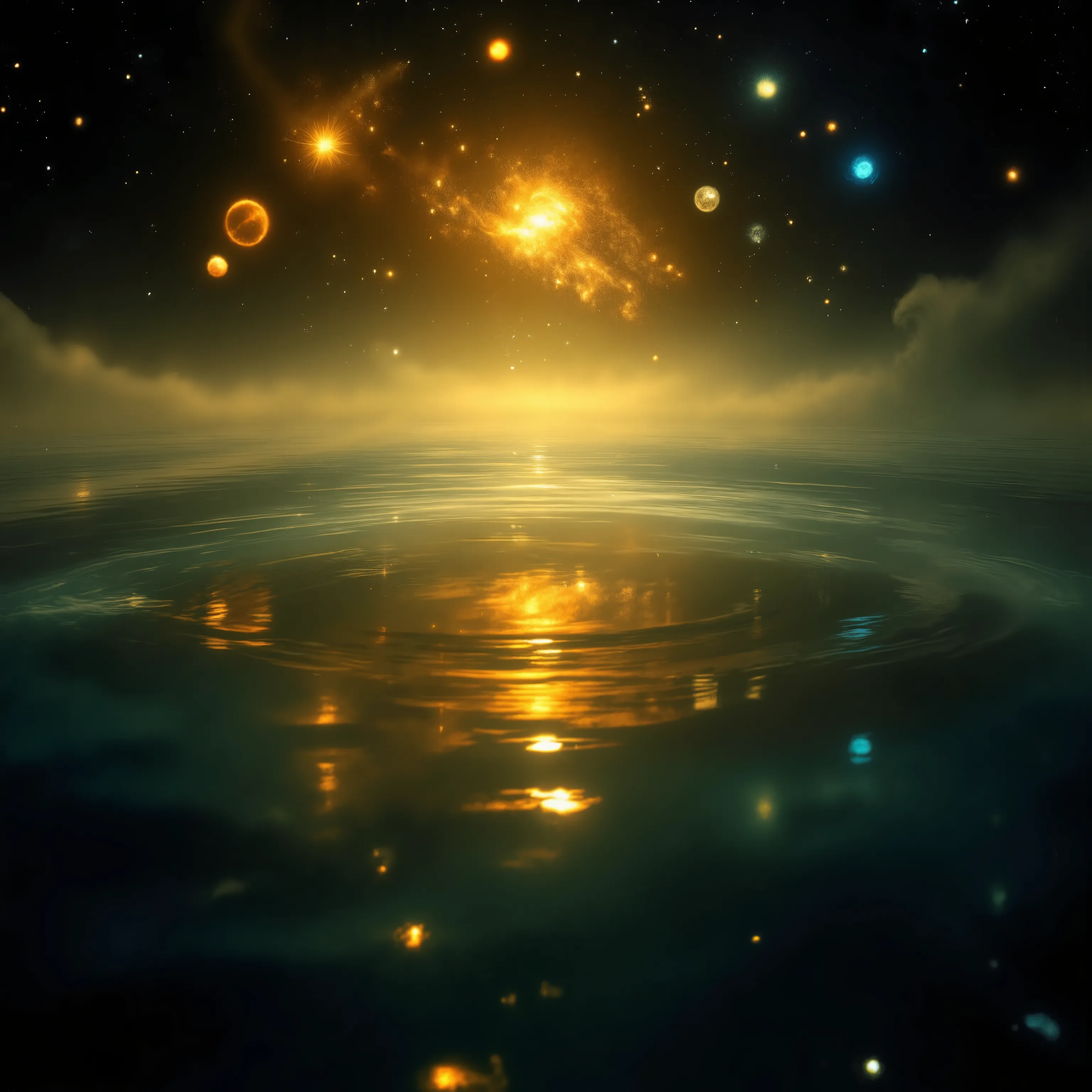 A large expanse of water in space, with images of beautiful reflected in it.rearistic,wave water,ultra clear colors , Mystical and fantastical, ((various colors,gradation)),yellow lighting