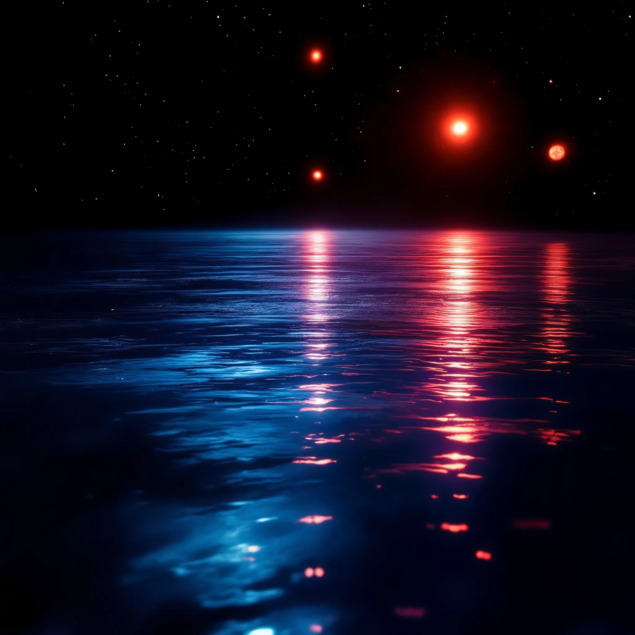 A large expanse of water in space, with images of beautiful reflected in it.rearistic,wave water,ultra clear colors , Mystical and fantastical, ((various colors,gradation)),red lighting