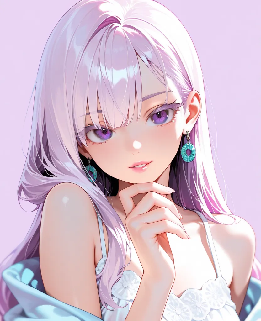 karya agung,best quality,ultra high resolution,photo realistic,8k uhd,is very detailed,depth of field,Solo, 1girl ,looks towards the audience,Ponies,rambut ungu, ,long hair,pastel purple background,simple background,Purple eyes,thick eyelashes ,Gentle gaze , Split Lips , pink lips ,perhiasan, earring , kalung , warna spot ,summer dress, bare shoulders ,folds of fabric detail,graceful posture,hand up,kuku ungu,finger on chin,Neutral color palette,