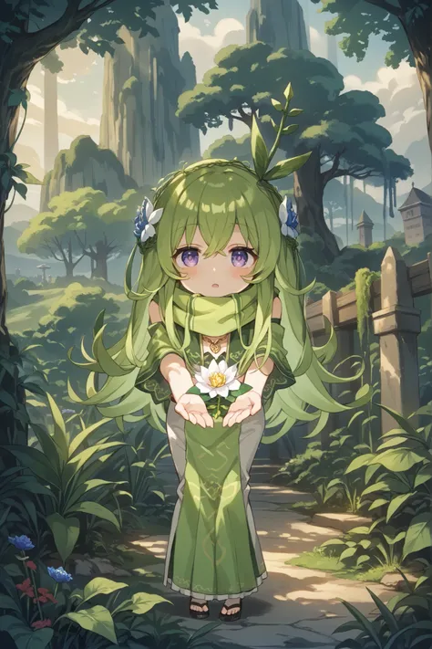 Japanese anime hand-drawn style depicts a tree, the chastity saint of the Elves standing in the jungle（There is only one person, the Virgin, in the picture），facing the camera，Cute little green hands，green hands spread upwards，green hands with a gorgeous an...