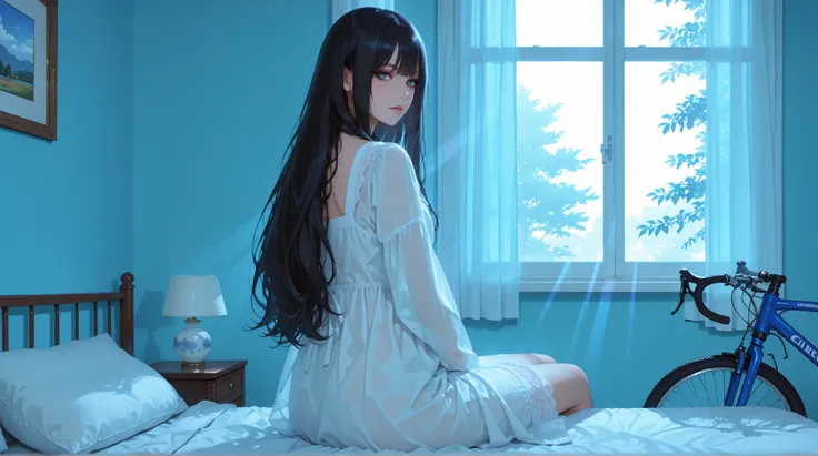 masterpiece, high quality, 4k, best quality, dynamic lighting, first-person view, Anime style scene from a first-person perspective. A tall young woman with dark long hair, wearing a thin white nightgown, sits beside the viewer on a bed. Morning sunlight s...