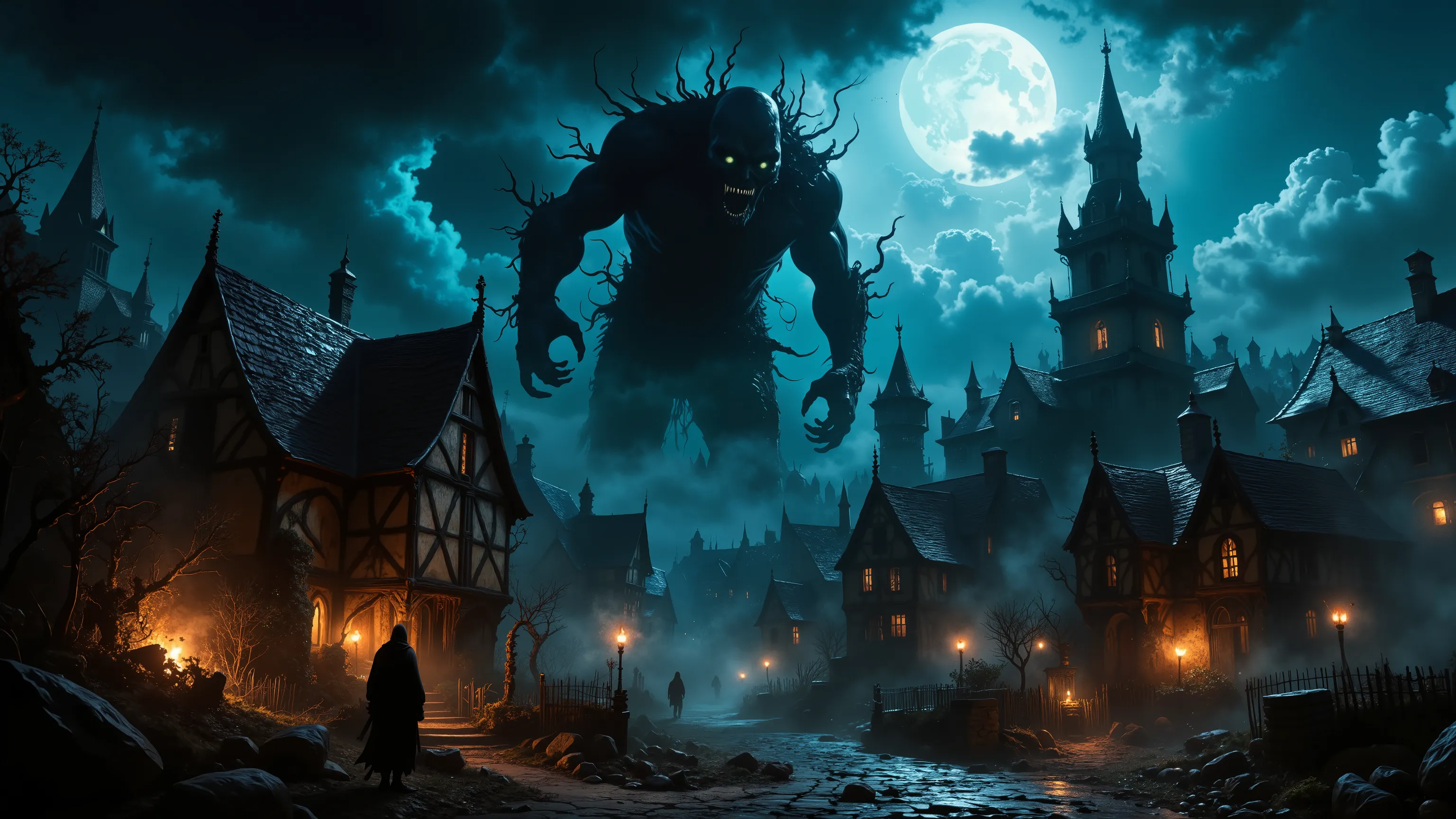 Under a menacing night sky, a colossal, shadowy figure looms ominously above a medieval village. The creature, with a ghoulish face and elongated claws, seems to emerge from the swirling clouds, backlit by a bright, full moon that casts an eerie glow over ...
