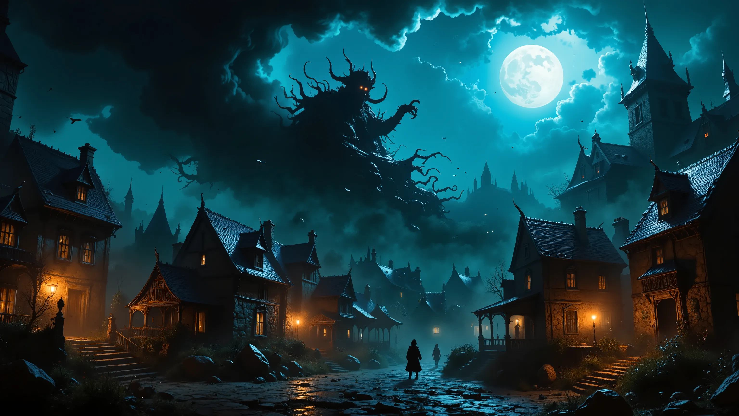 Under a menacing night sky, a colossal, shadowy figure looms ominously above a medieval village. The creature, with a ghoulish face and elongated claws, seems to emerge from the swirling clouds, backlit by a bright, full moon that casts an eerie glow over ...