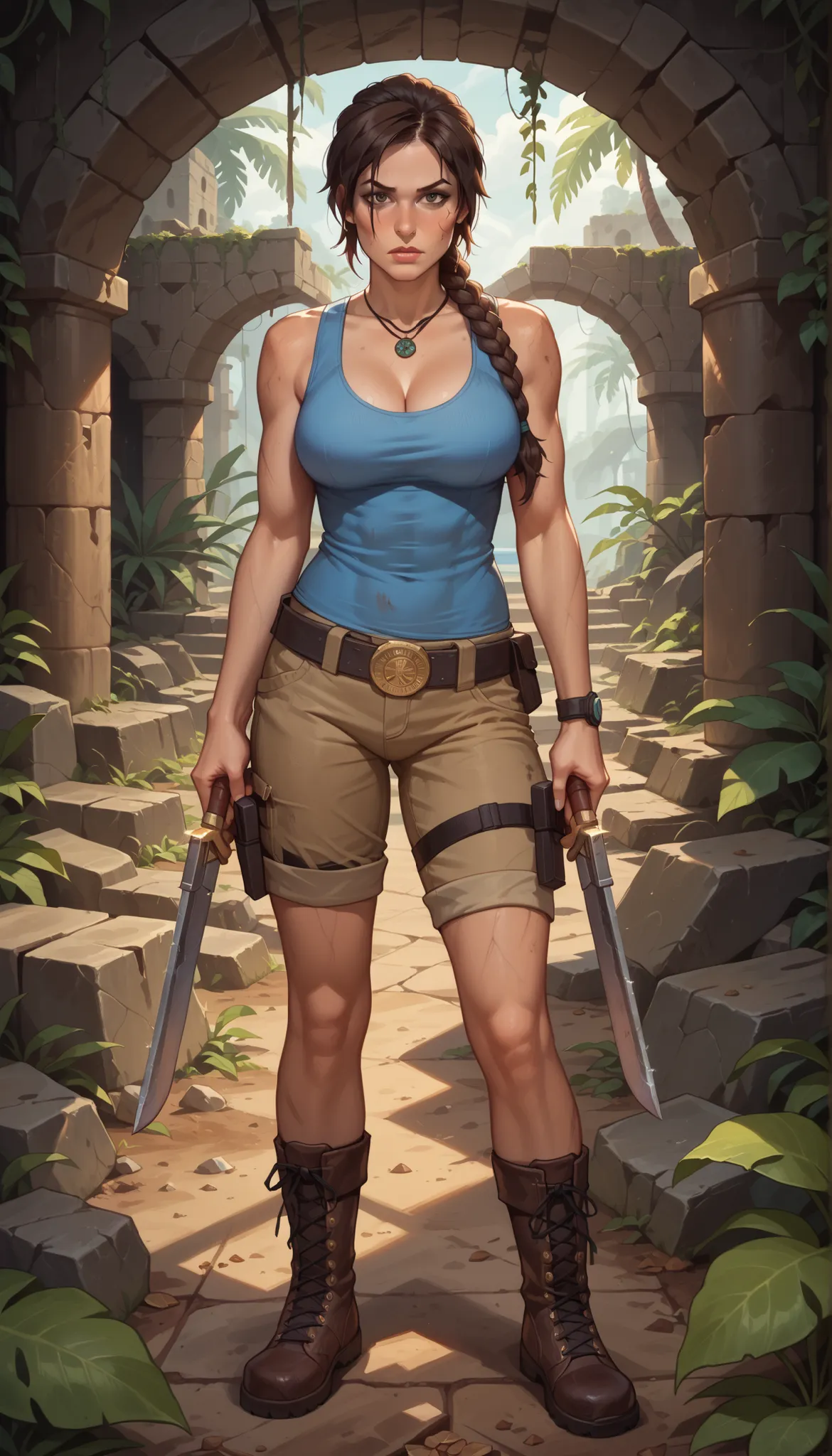 Lara Croft Tomb Raider, wielding guns and exploring ancient ruins. (best quality,ultra-detailed),lara croft,adventurous,dangerous,young woman,strong,brave,athletic,treasure hunter,fearless,long brown hair,wearing cargo shorts,combat boots, blue tank top,gr...