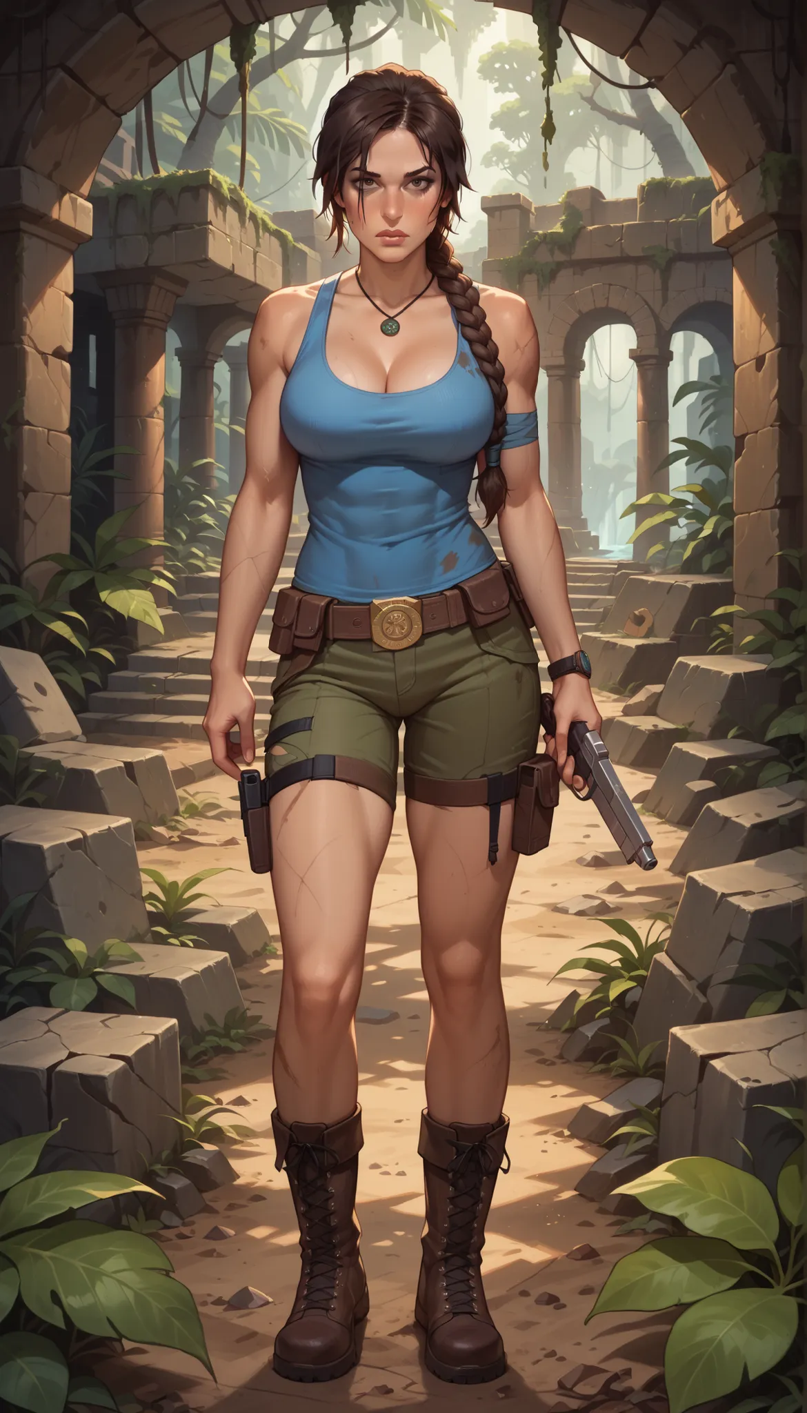 Lara Croft Tomb Raider, wielding guns and exploring ancient ruins. (best quality,ultra-detailed),lara croft,adventurous,dangerous,young woman,strong,brave,athletic,treasure hunter,fearless,long brown hair,wearing cargo shorts,combat boots, blue tank top,gr...