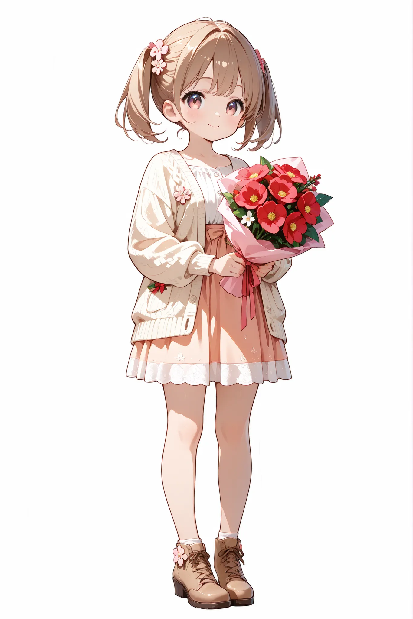 chibi style, full body in frame, flat bust, girl, twin tails with flower pins, light cardigan and skirt, holding bouquet, Mother's Day, transparent background