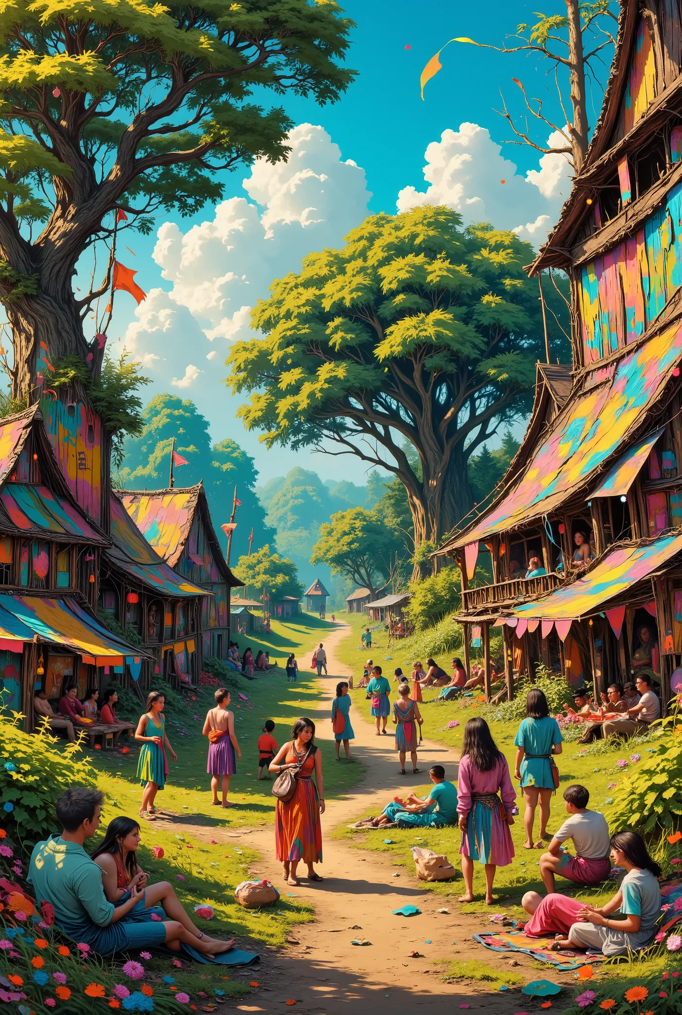 Paint a vivid scene set in the heart of a bustling hippie commune during the late 1960s. The air is thick with the scent of incense and wildflowers. Young men and women, dressed in flowing, tie-dyed garments and adorned with beads, feathers, and rimless gr...