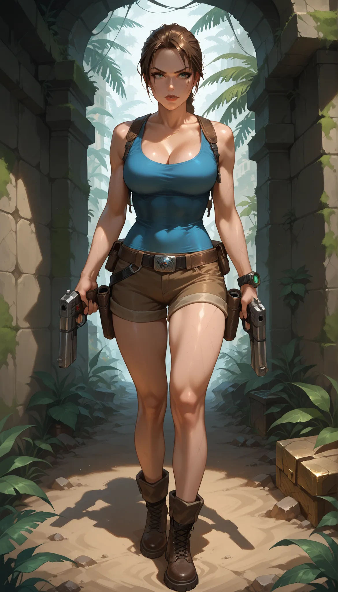 Lara Croft Tomb Raider, wielding guns and exploring ancient ruins. (best quality,ultra-detailed),lara croft,adventurous,dangerous,young woman,strong,brave,athletic,treasure hunter,fearless,long brown hair,wearing cargo shorts,combat boots, blue tank top,gr...