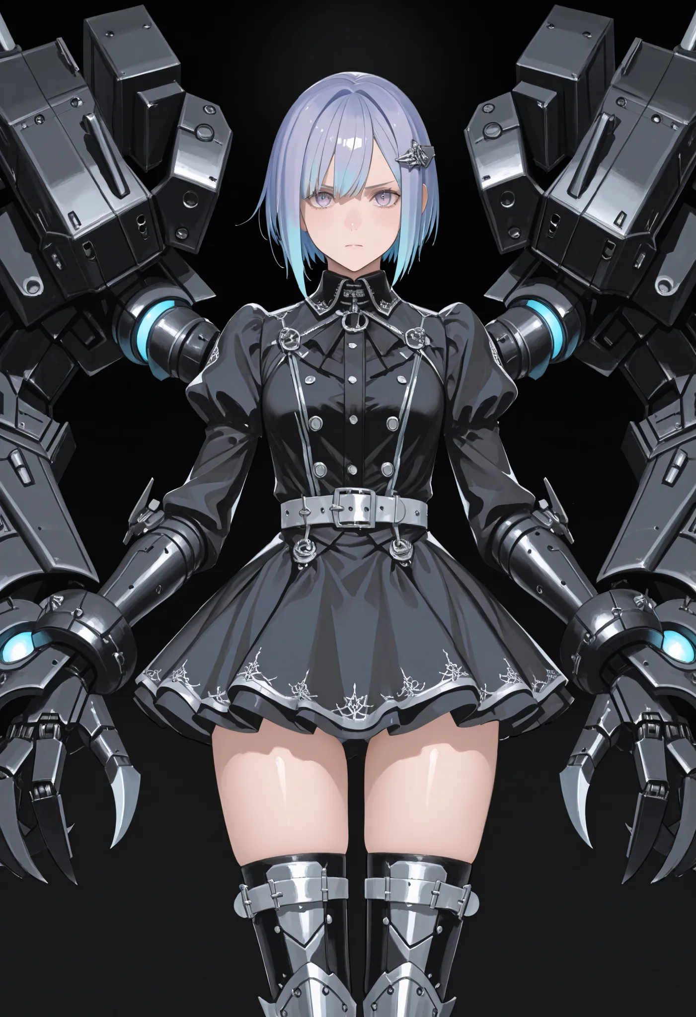 Girl with big arms. Short hair. Indigo hair. Mechanical hair ornament. Black gothic dress. Large belt. Silver buckle. Mini skirt split into left and right sides. Panty shot. Mechanical arms. Asymmetrical arms. Sharp claws. One hand is the crane hook. Glowi...
