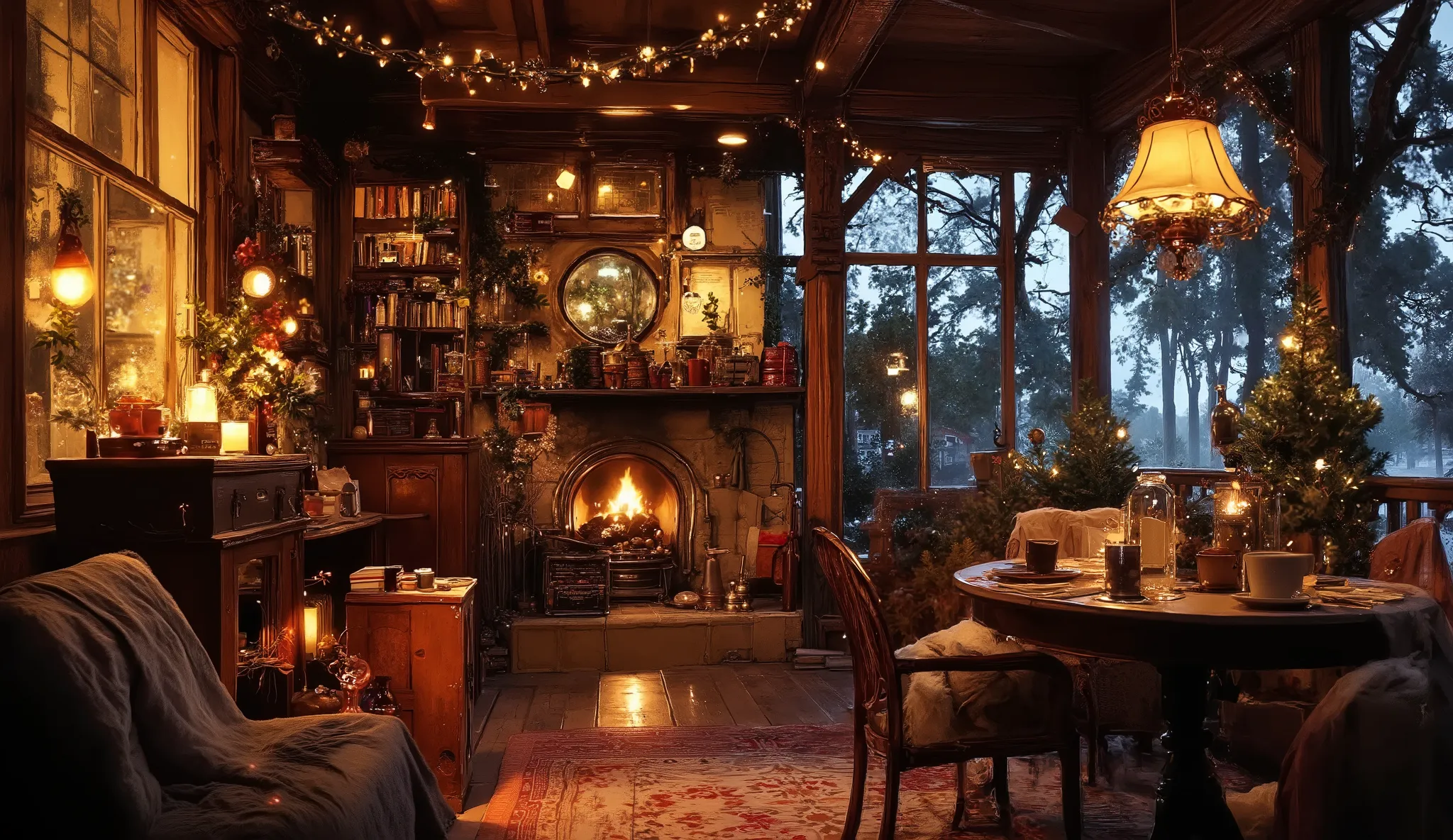 It is a, unique fantasy style bedroom made of natural wood, There is a warm soft designed electric one in dark beige color, fireplace , t a warm and elegant fireplace in a cozy winter cafe with a view of a warm cloudy night located on a lakeside terrace s...
