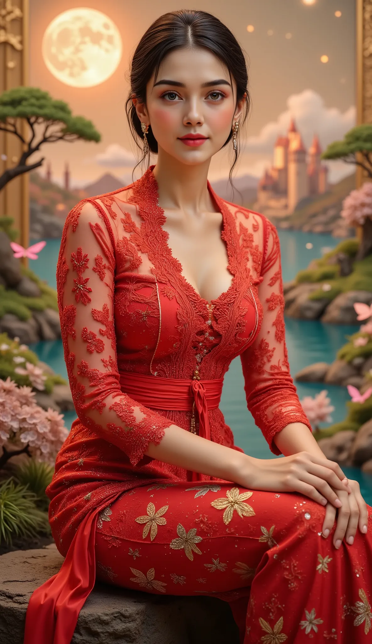 wearing red kebaya, (RAW photo, best quality), (realistic, photo-realistic:1.4), masterpiece, an extremely delicate and beautiful, extremely detailed, 2k wallpaper, Amazing, finely detail, extremely detailed CG unity 8k wallpaper, ultra-detailed, high reso...