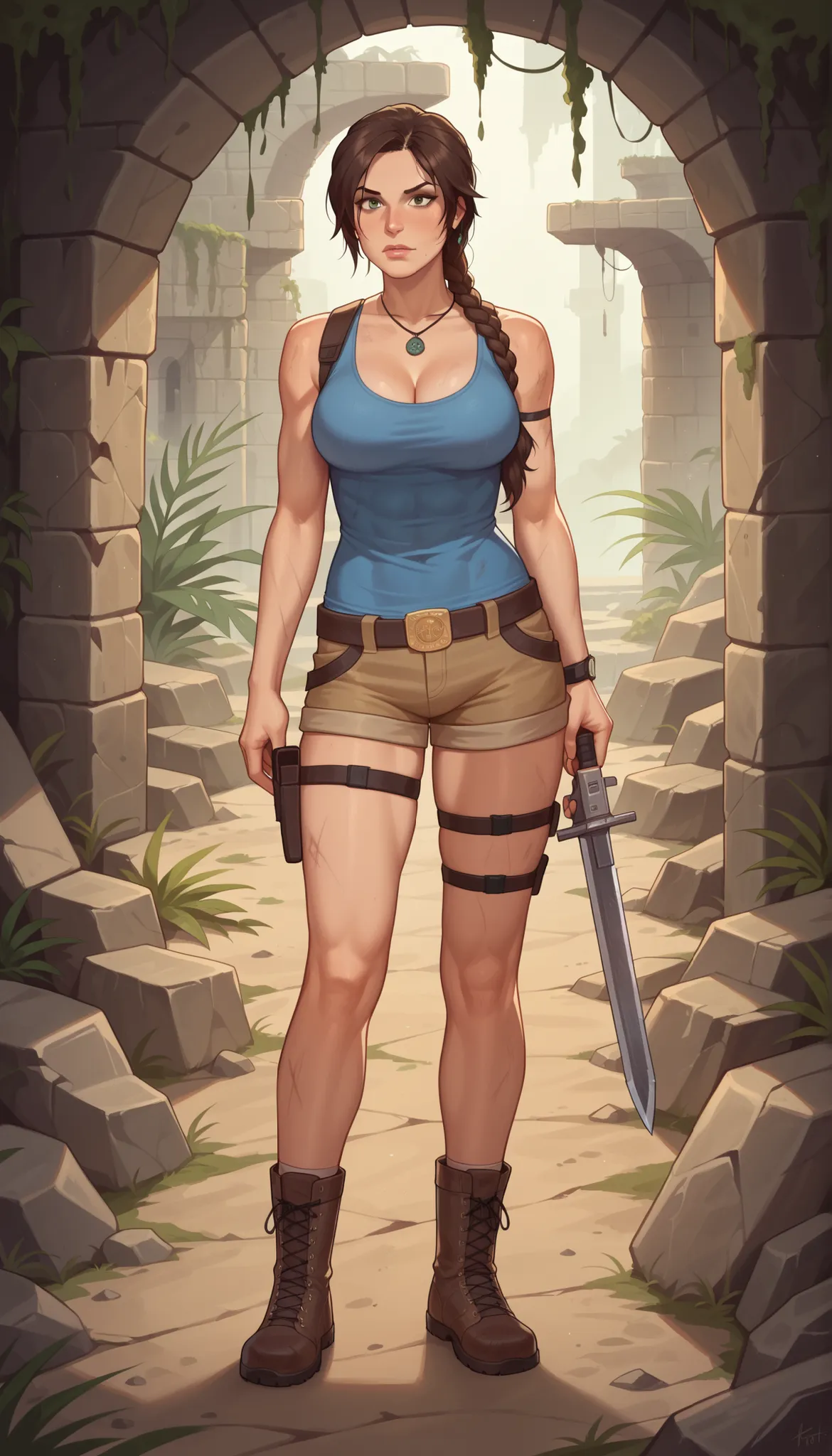 Lara Croft Tomb Raider, wielding guns and exploring ancient ruins. (best quality,ultra-detailed),lara croft,adventurous,dangerous,young woman,strong,brave,athletic,treasure hunter,fearless,long brown hair,wearing cargo shorts,combat boots, blue tank top,gr...