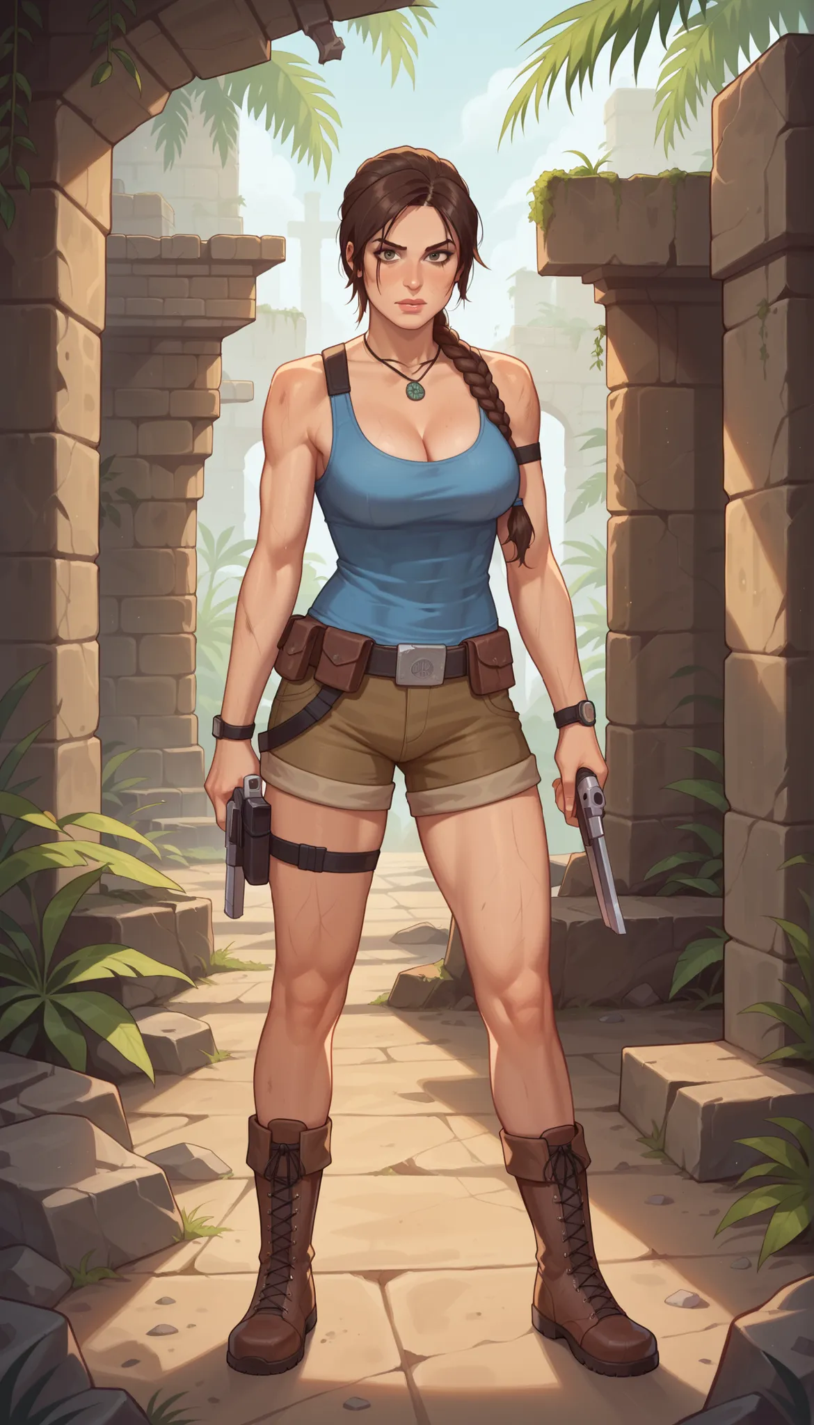 Lara Croft Tomb Raider, wielding guns and exploring ancient ruins. (best quality,ultra-detailed),lara croft,adventurous,dangerous,young woman,strong,brave,athletic,treasure hunter,fearless,long brown hair,wearing cargo shorts,combat boots, blue tank top,gr...