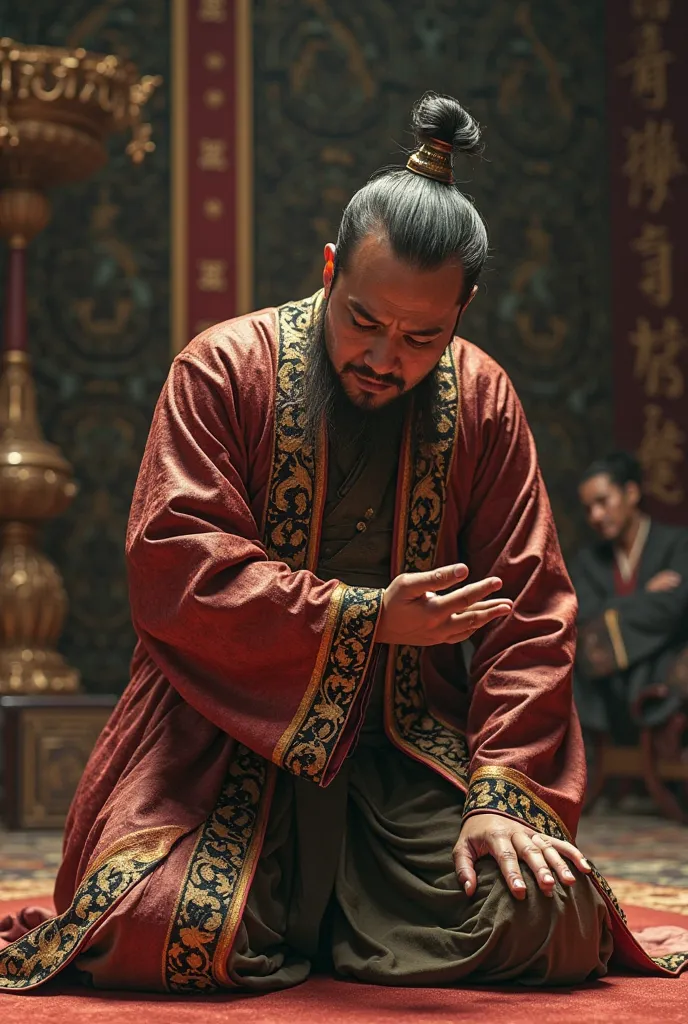 high quality photos, a Chinese dynastic official, kneels, Slap yourself in the face with one hand, cries