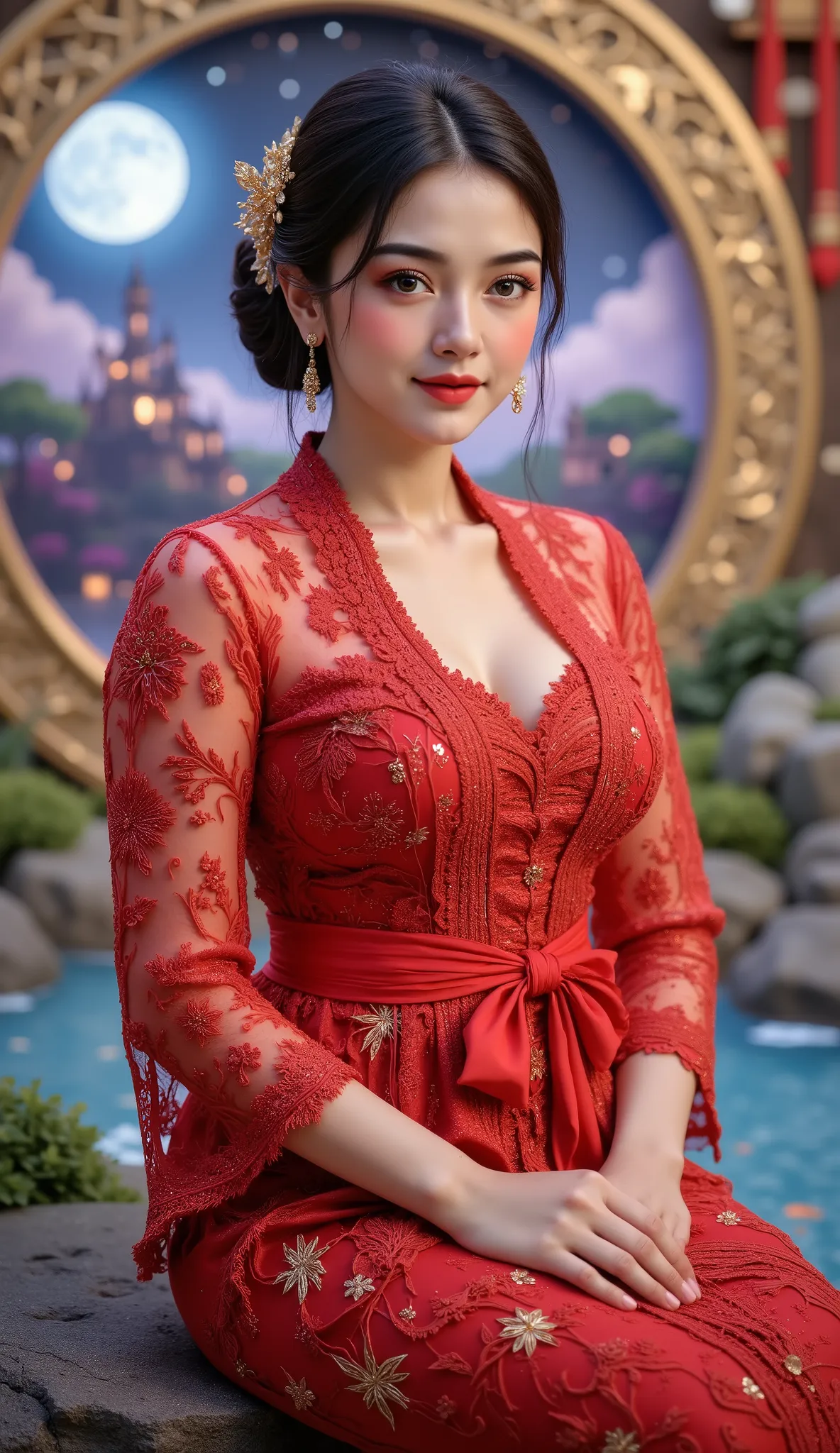 wearing red kebaya, (RAW photo, best quality), (realistic, photo-realistic:1.4), masterpiece, an extremely delicate and beautiful, extremely detailed, 2k wallpaper, Amazing, finely detail, extremely detailed CG unity 8k wallpaper, ultra-detailed, high reso...