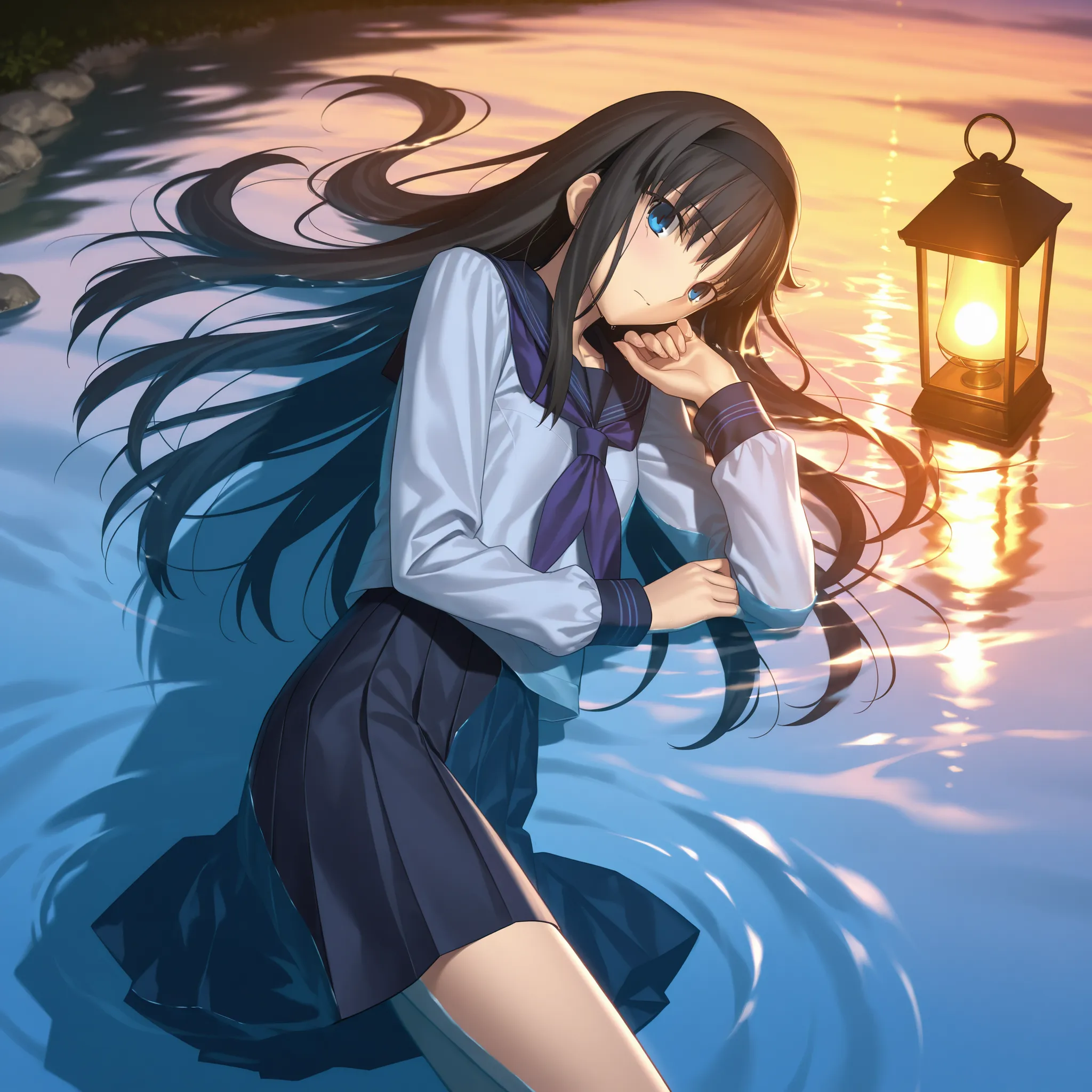 masterpiece, , absurdres, highres, detailed background, high resolution, masterpiece, necessary, detail, best quality, quality, necessary, details, High details, Precise, dark, outdoors, ,((evening, lamp, in water)), , lens flare, blurry background, from a...