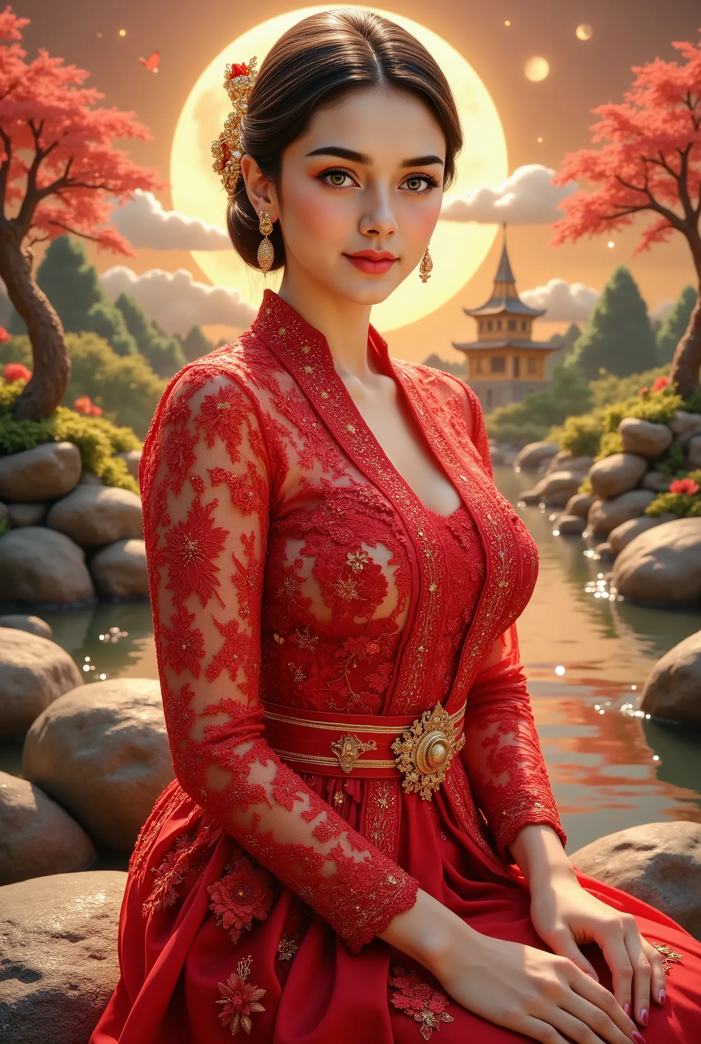 wearing red kebaya, (RAW photo, best quality), (realistic, photo-realistic:1.4), masterpiece, an extremely delicate and beautiful, extremely detailed, 2k wallpaper, Amazing, finely detail, extremely detailed CG unity 8k wallpaper, ultra-detailed, high reso...