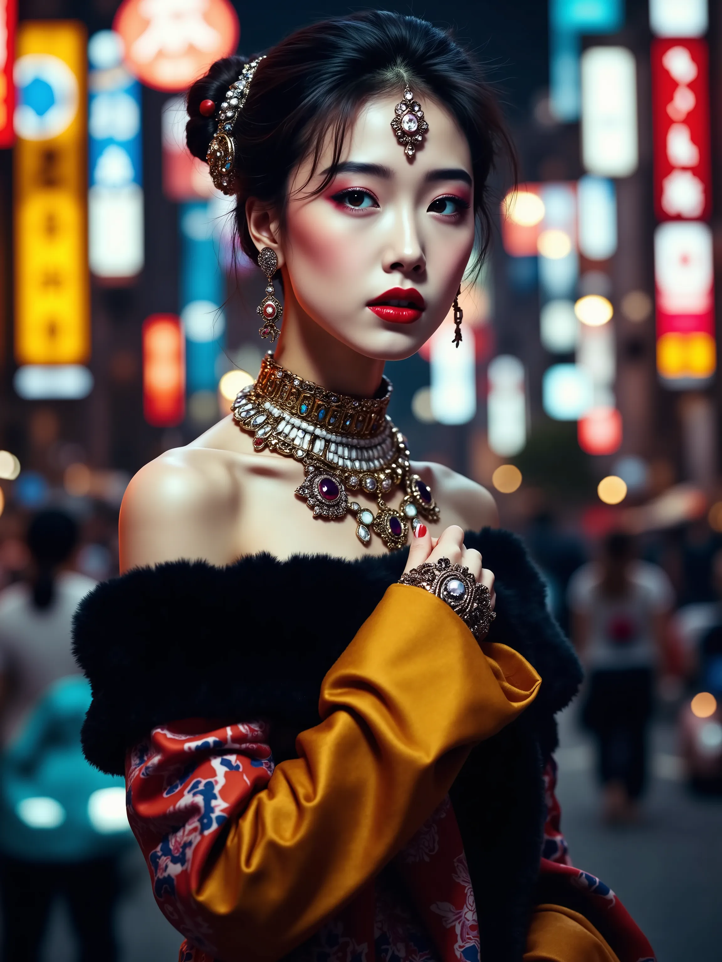 Photo art by Rankin and Peter Kemp. random unusual angle shot. Luxury Japanese Fashion model with eclectic jewelry and face paint, posted in a bold, half-turn stance with hands confidently clasped behind her back, exuding defiance and provocation. Her edgy...