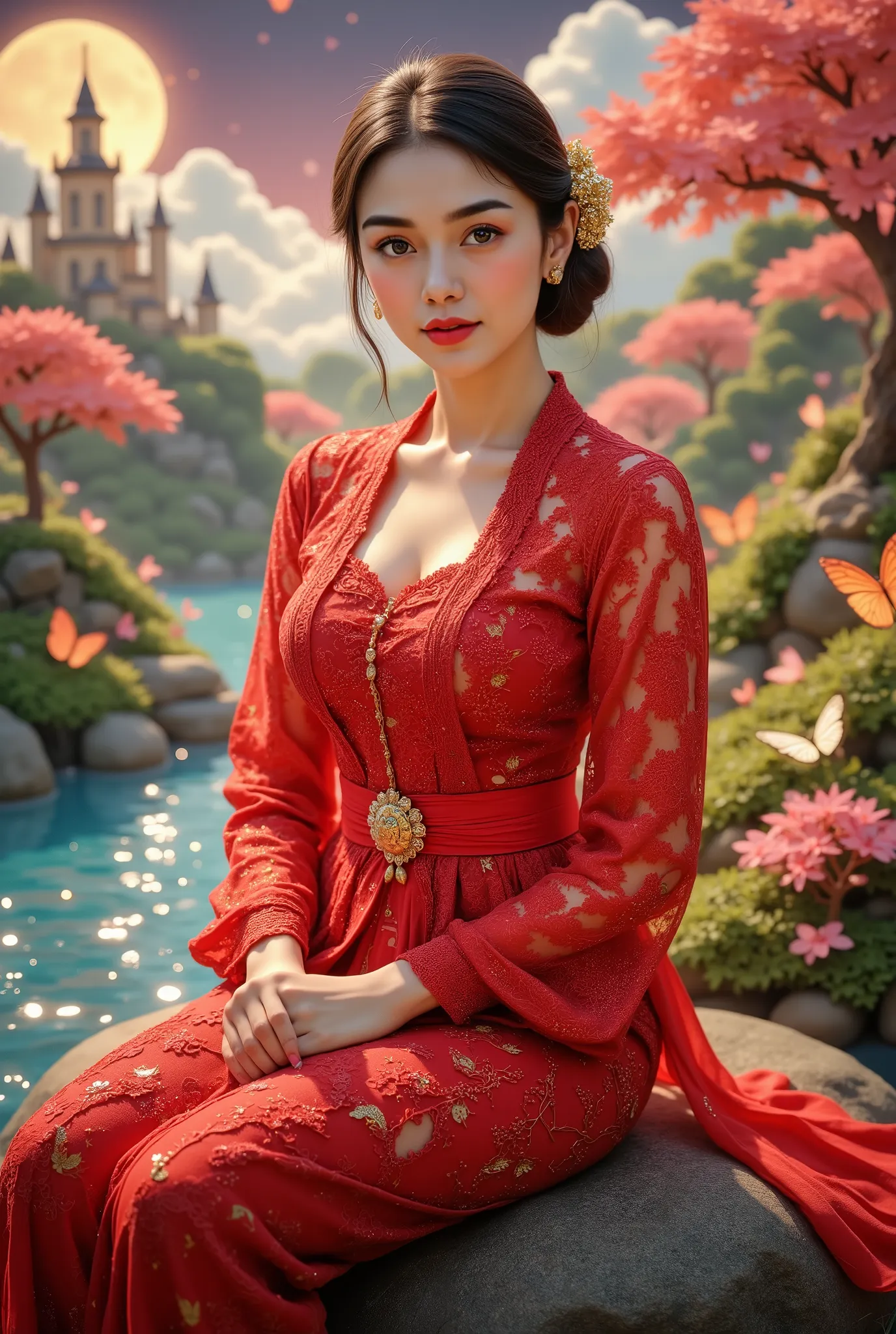 wearing red kebaya, (RAW photo, best quality), (realistic, photo-realistic:1.4), masterpiece, an extremely delicate and beautiful, extremely detailed, 2k wallpaper, Amazing, finely detail, extremely detailed CG unity 8k wallpaper, ultra-detailed, high reso...