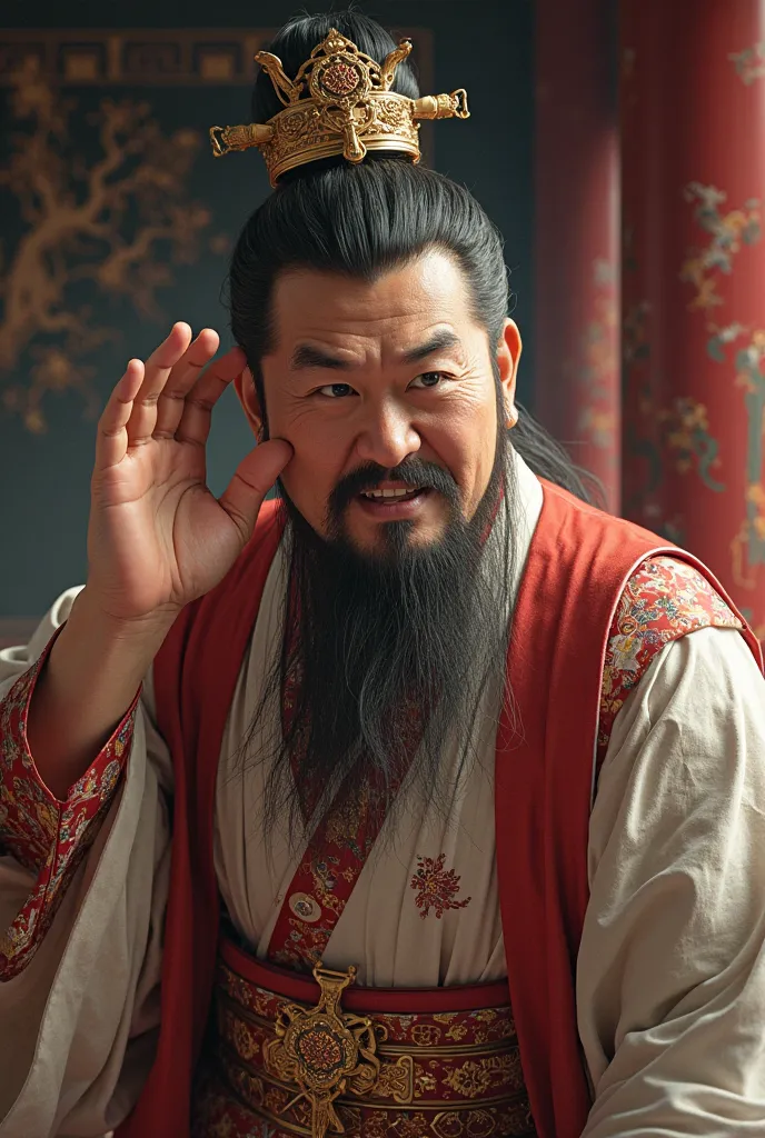 high quality photos, a Chinese dynastic official, kneels, the moment you hit yourself in the face with one palm, Face turns sideways