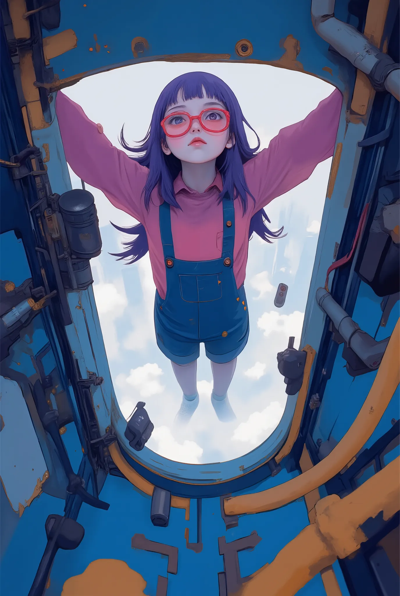 The young woman A futuristic scene unfolds where it is suspended in a large cylindrical tank, The bright blue light casts a subtle glow around her. She's wearing a red shirt and denim overalls, red cell frame glasses、accentuate her thin body, Her long purp...