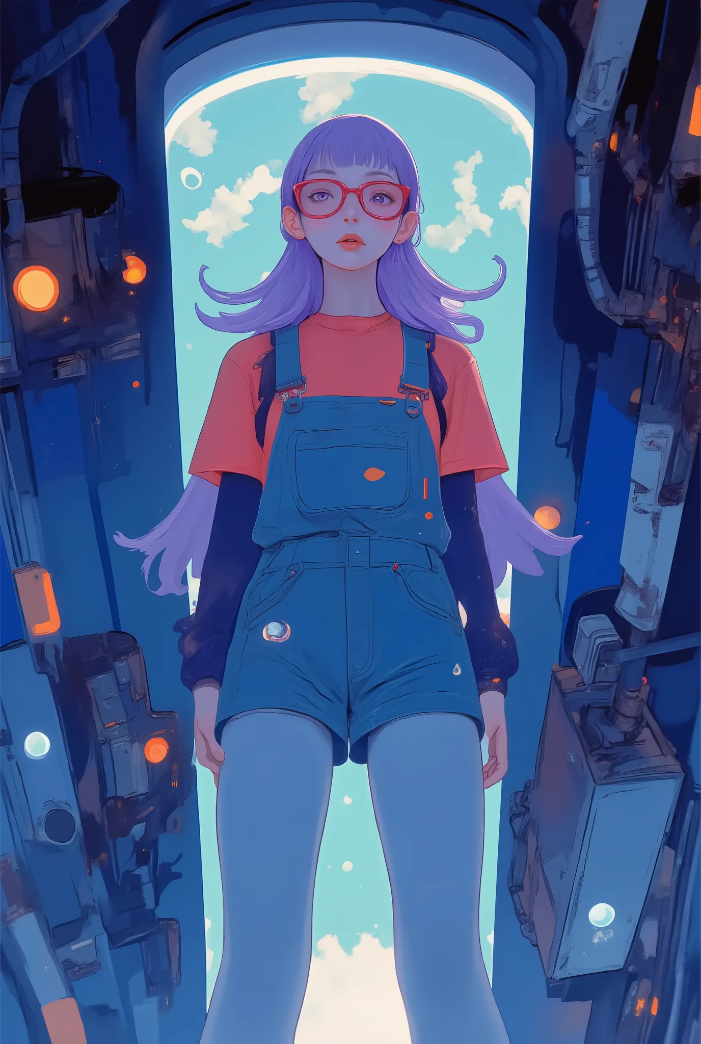 The young woman A futuristic scene unfolds where it is suspended in a large cylindrical tank, The bright blue light casts a subtle glow around her. She's wearing a red shirt and denim overalls, red cell frame glasses、accentuate her thin body, Her long purp...