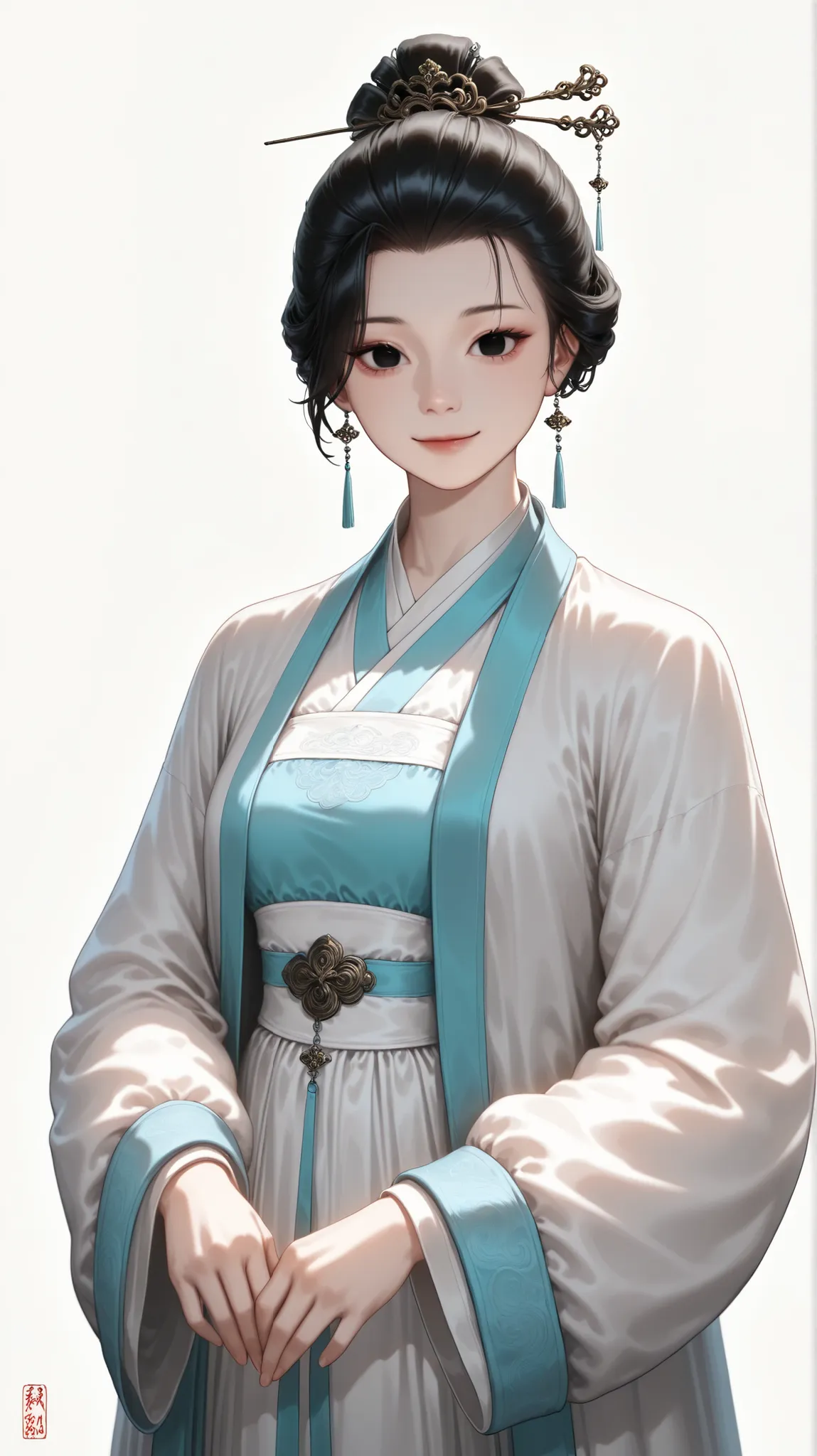 very aesthetic, 걸작, 고해상도, 8k 해상도, high contrast, semrealistic, newest, koreanai, best_quality, finely_detailed_eyes_and_detailed_face, (1 woman), kikuchihina, black_eyes, black_hair, chill out, pretty, slicked_back, updo_hair, rich_hair, hairpin, Hanfu, fa...