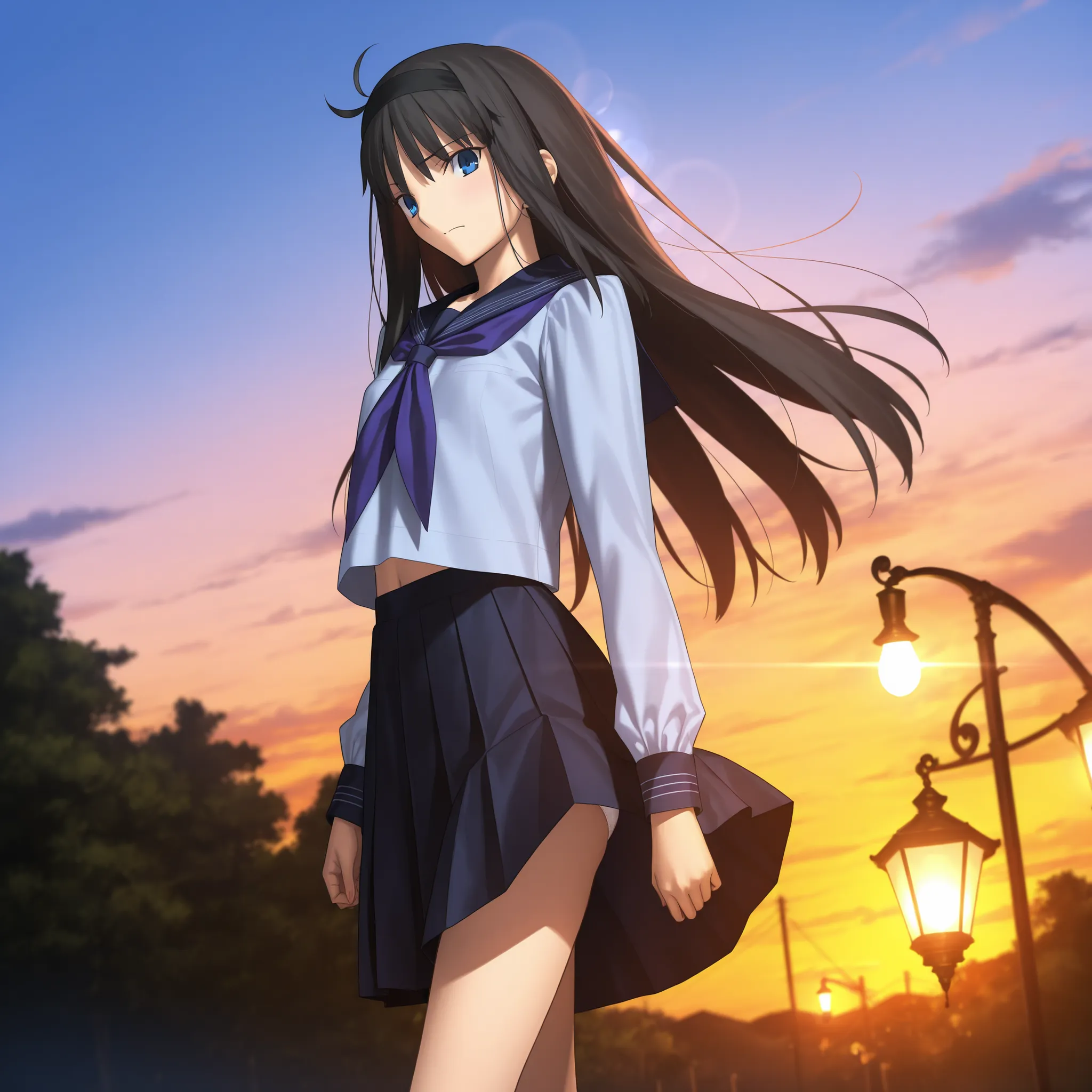 masterpiece, , absurdres, highres, detailed background, high resolution, masterpiece, necessary, detail, best quality, quality, necessary, details, High details, Precise, dark, outdoors, ,((evening, lamp, )), , lens flare, blurry background, from below, , ...