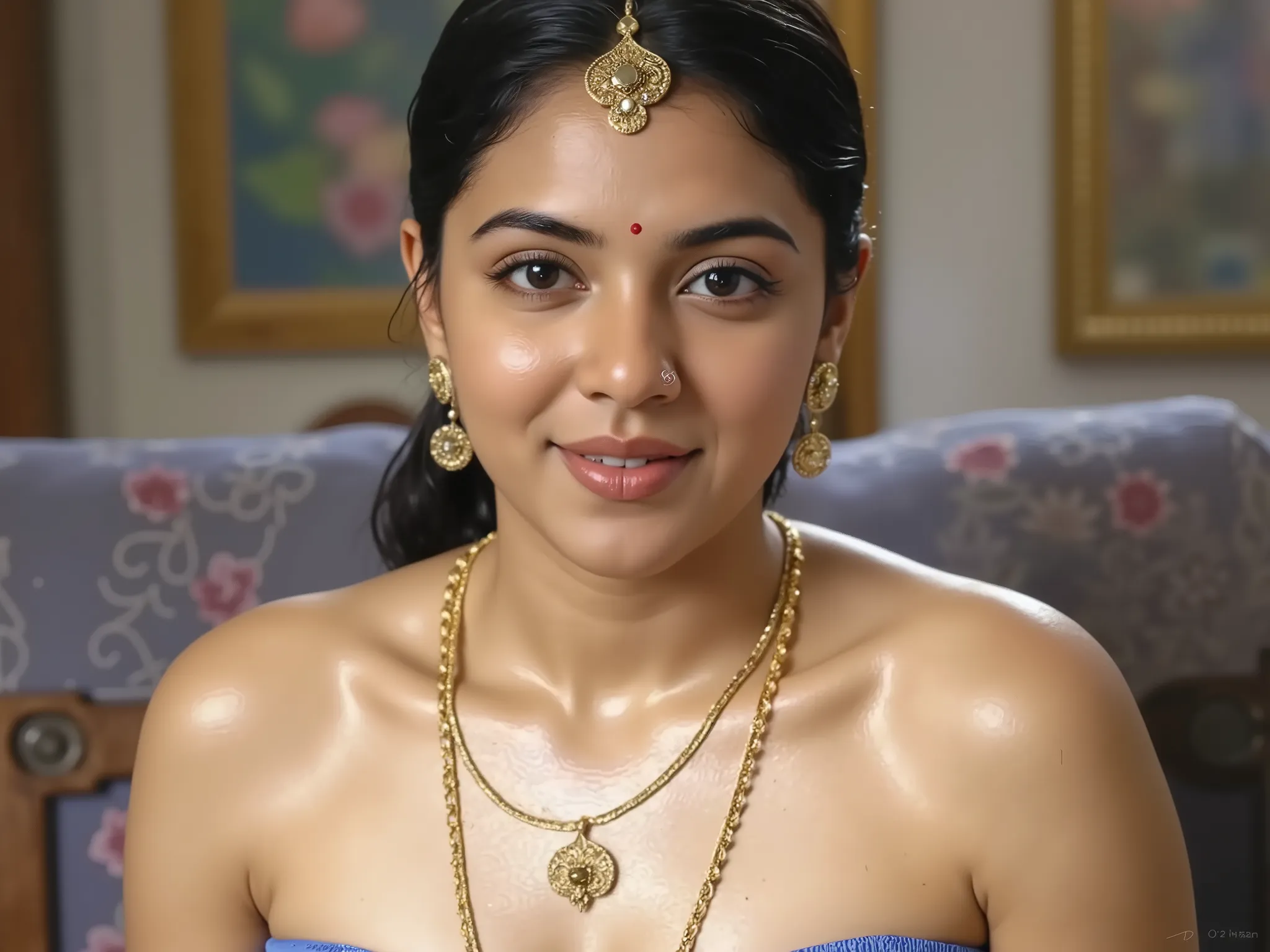 there is a woman in a blue dress with a gold necklace and earrings, indian goddess, indian girl with brown skin, indian, indian super model, indian empress, wet sweat t-shirt padded push up bra, saree removed dropped, cleavage, plain white color padded cot...