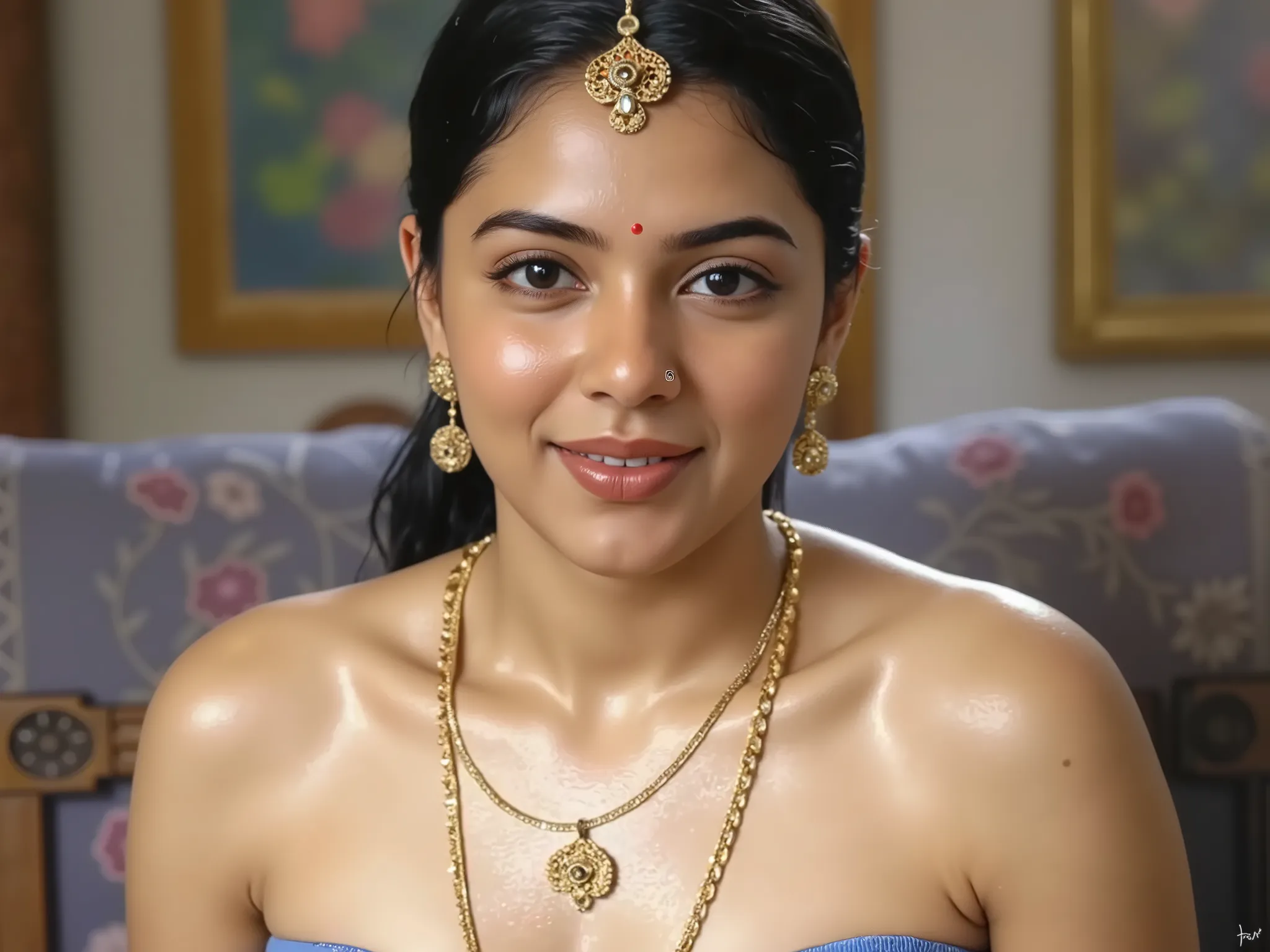 there is a woman in a blue dress with a gold necklace and earrings, indian goddess, indian girl with brown skin, indian, indian super model, indian empress, wet sweat t-shirt padded push up bra, saree removed dropped, cleavage, plain white color padded cot...