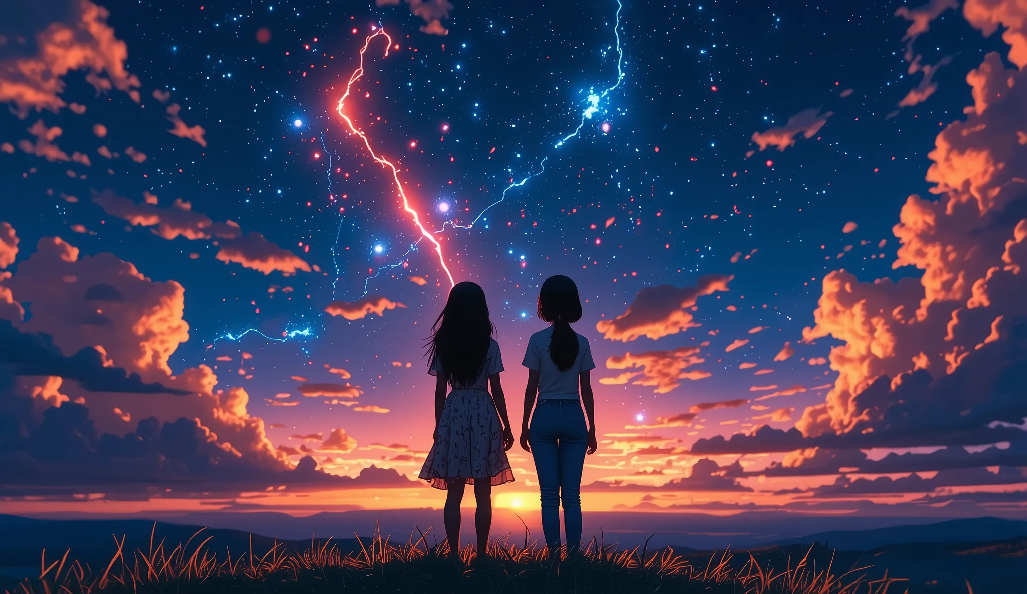 Two young adult women seen from behind, standing on a grassy hilltop at sunset, gazing at a vibrant star-filled sky with a glowing meteor streaking across it. One woman has long black hair and wears a slip dress, the other has black short hair and wears je...
