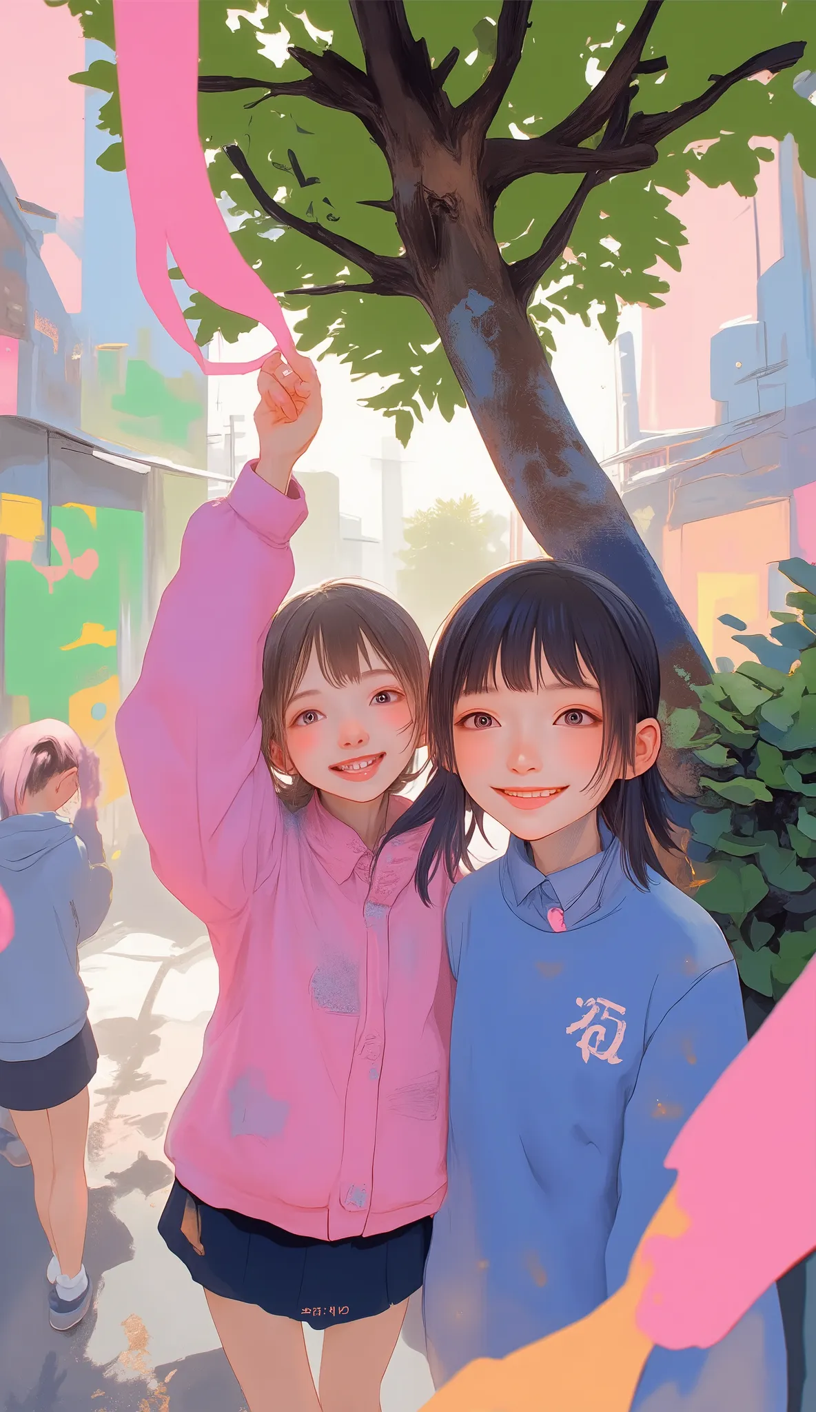 Two people are standing under a tree holding colorful paper streamers, Pale and colorful architectural drawings by Yanagawa Nobumasa , by Naomi Okubo , Kissed by Xiao Linqing, exciting illustration, By Naka Bokunen, happy!!!, color photo , Japanese anime...