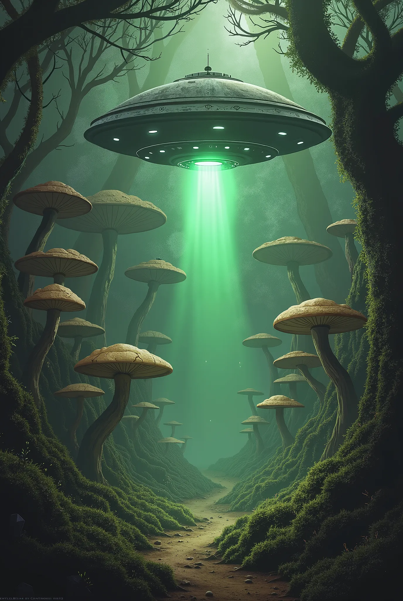 Ufo try land in mountains, with big white light, blue and black colors,  cartoon style