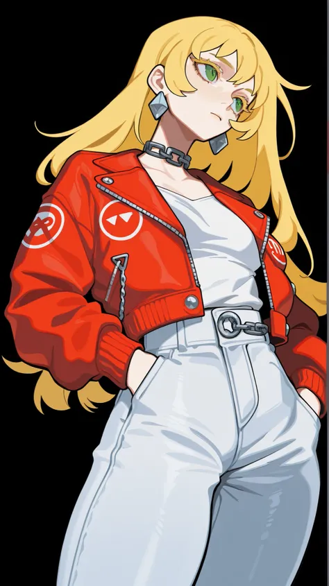 masterpiece, best quality, amazing quality, newest, very aesthetic, 1girl,blonde hair,blonde eyelashes,diamond chain around her neck,looking away from the viewer,hand in pocket,green eyes,long hair,pixe cut,red jacket,white shirt,white jeans,view lil bit f...