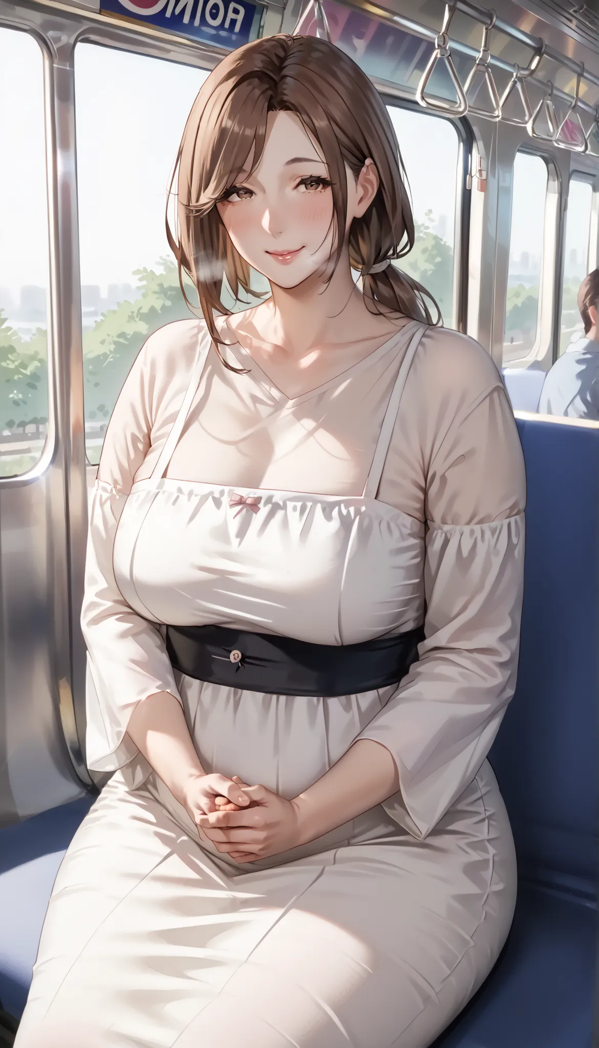 1 girl, mature female, milf, motherhood, large breasts, very big butt, plump, curvy, round face, brown eyes, brown hair, low ponytail hair, happy face, detail, smile, blushing, steam, white housedress, morning, hand stroking pregnant belly, sit on the trai...