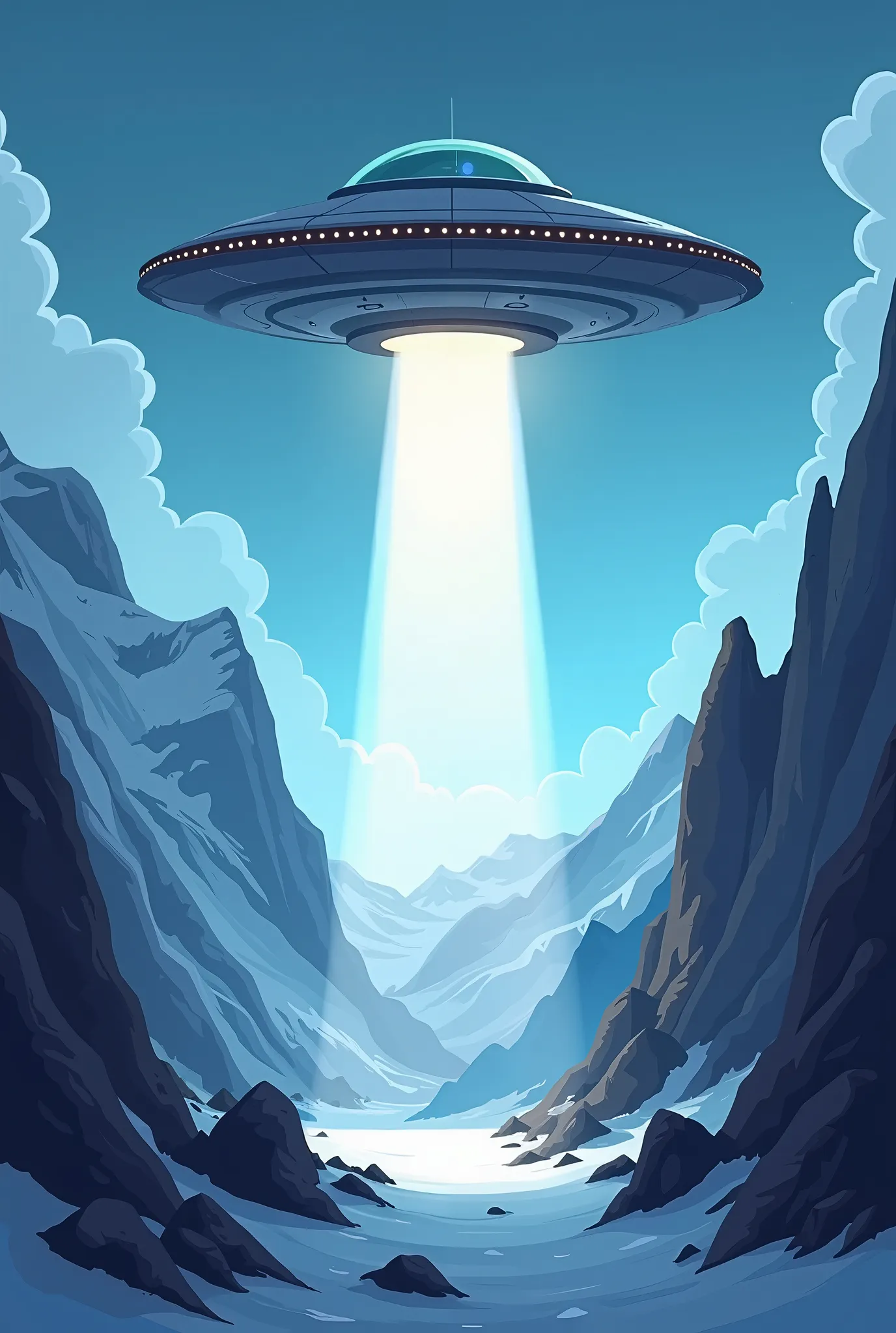 Ufo try land in mountains, with big white light, blue and black colors,  cartoon style, ufo is high up in middle, there is no one there, simmetrycal 