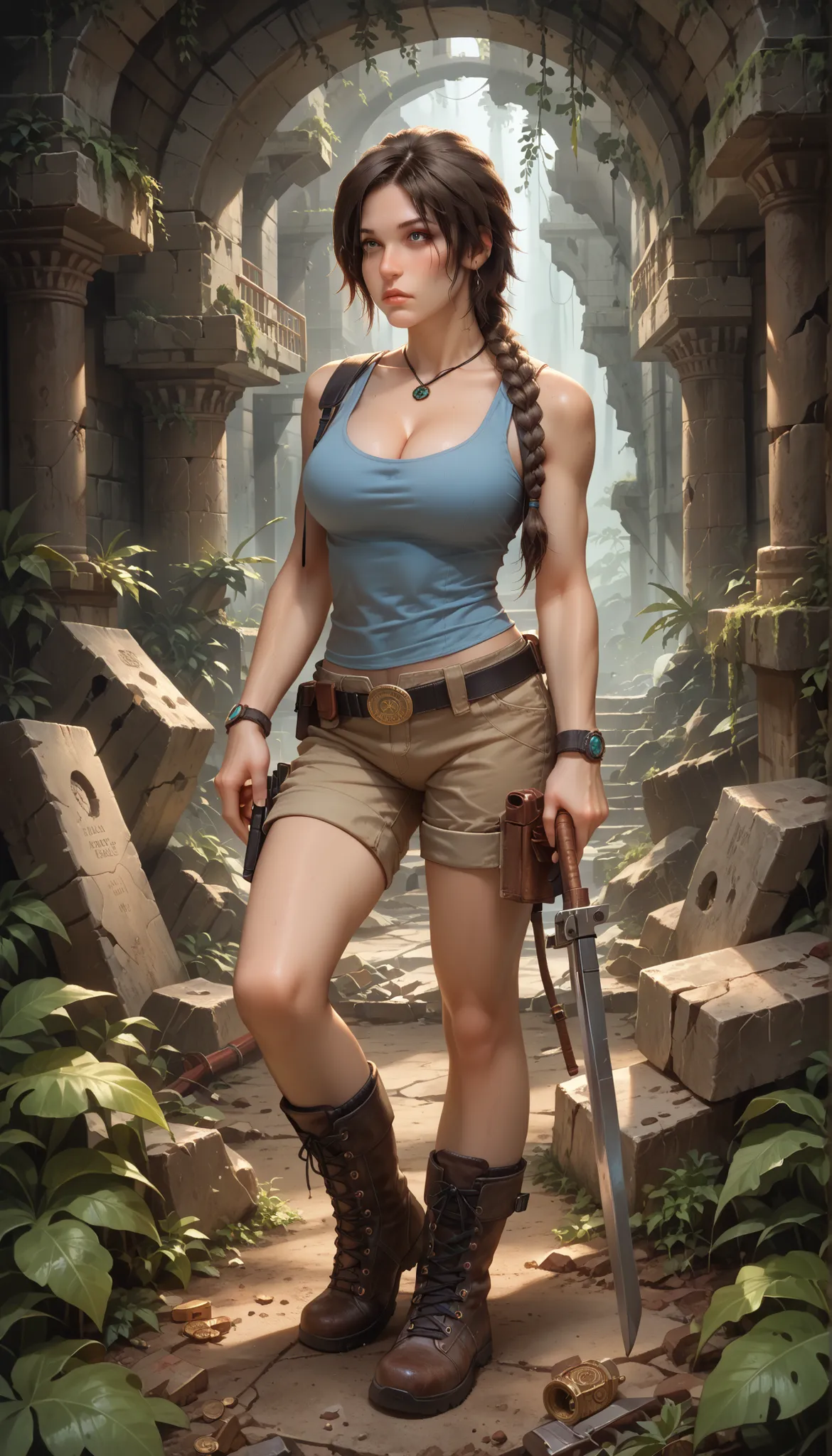 Lara Croft Tomb Raider, wielding guns and exploring ancient ruins. (best quality,ultra-detailed),lara croft,adventurous,dangerous,young woman,strong,brave,athletic,treasure hunter,fearless,long brown hair,wearing cargo shorts,combat boots, blue tank top,gr...