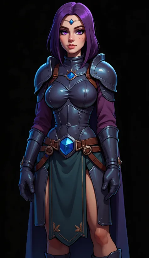 cflxcrtn3, ((realistic sweater)), best quality, 4k, extremely detailed, Masterpiece, (((cute arcane knight girl))), TANNED SKIN, straight flowing hair, dark purple hair, (dark purple metal armor, Plate gloves, dark green tiled skirt,pelvic curtain, dark b...