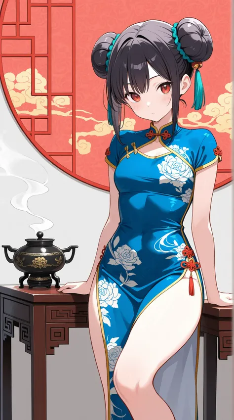 female, Bun Hair, china dress, A large incense burner with a beautiful pattern,