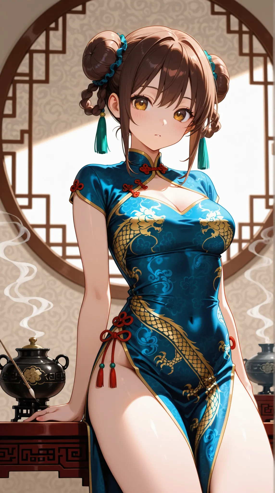 female, Bun Hair, china dress, A large incense burner with a beautiful pattern,
