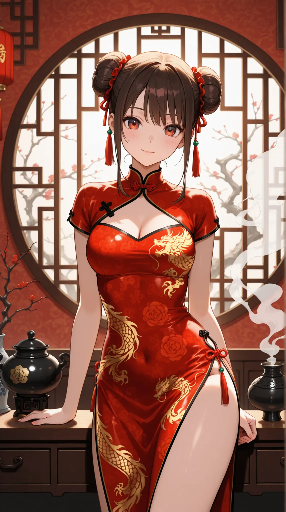 female, Bun Hair, china dress, A large incense burner with a beautiful pattern,