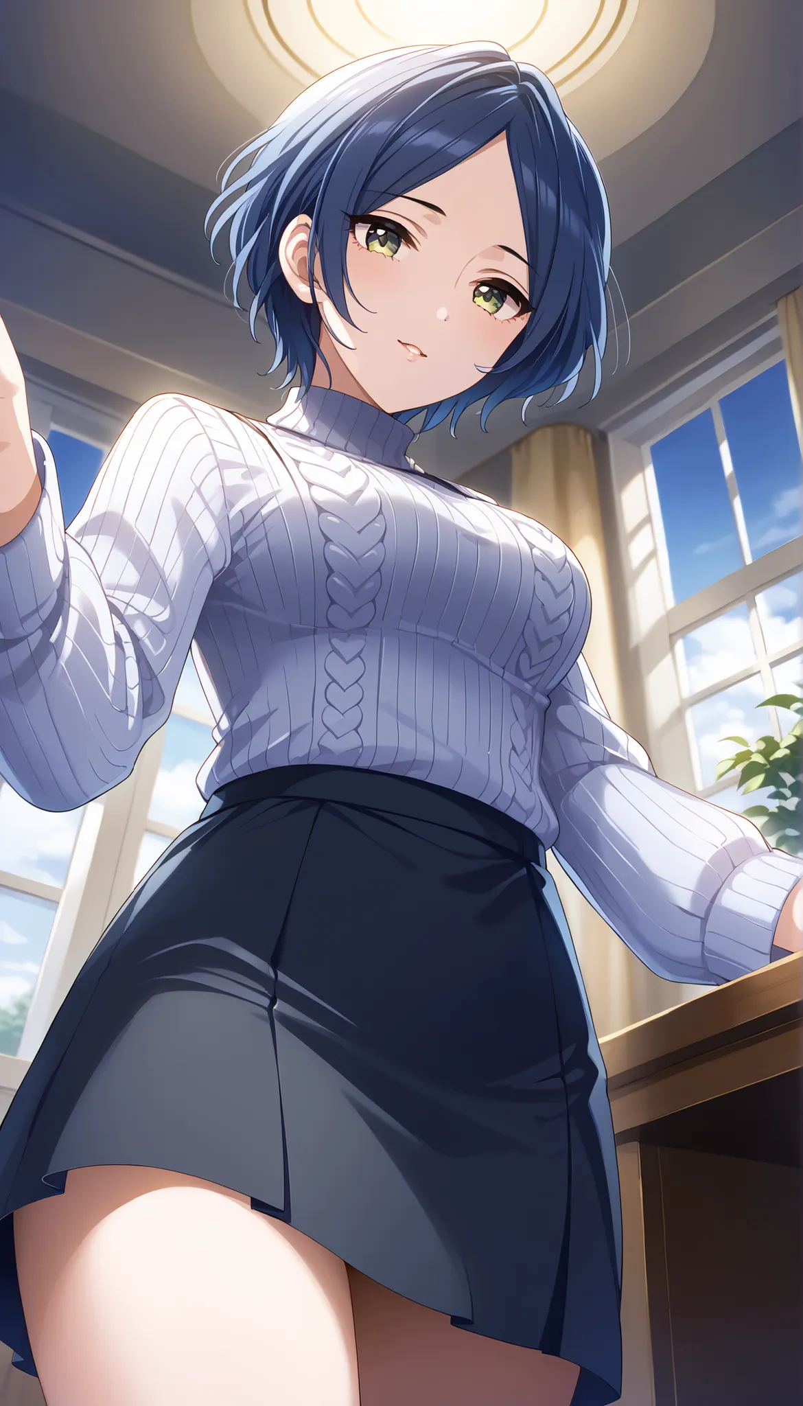 (((ＭasterPeace))),(((High Quality))),(((Hayami kanade))),(((medium breasts))),black skirt,purple knitted sweater,blue hair,short hair,((low angle)),Ulchan-6500-v1.1, ( RAW photos :1.2), beautiful detailed, very detailedな目 美しい目,beautiful eyes,yellow porn, h...