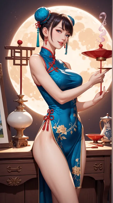 ((Highest Quality)) , (Ultra High Definition) , (Super Detail) , (detailed explanation) , (( best CG )) , (best works of art on the Moon) ,  Ultra Precision Art  , Amazing Painted Art , (Fine Art:1 . 5), female, Bun Hair, china dress,    A large incense bu...