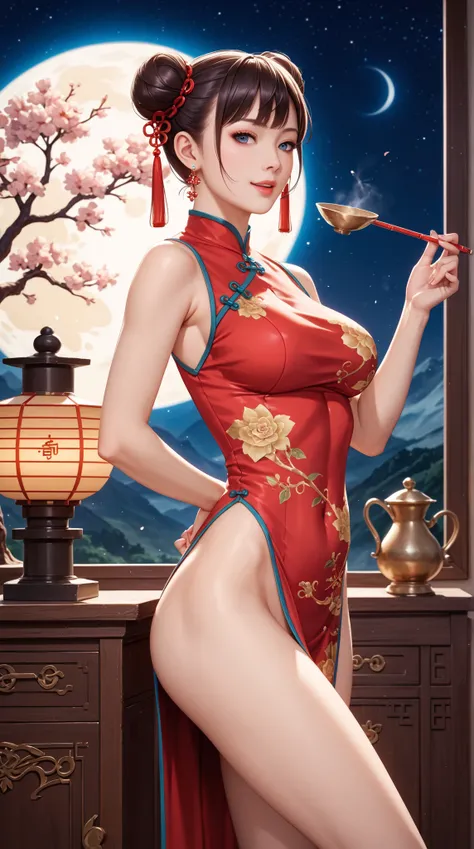 ((Highest Quality)) , (Ultra High Definition) , (Super Detail) , (detailed explanation) , (( best CG )) , (best works of art on the Moon) ,  Ultra Precision Art  , Amazing Painted Art , (Fine Art:1 . 5), female, Bun Hair, china dress,    A large incense bu...