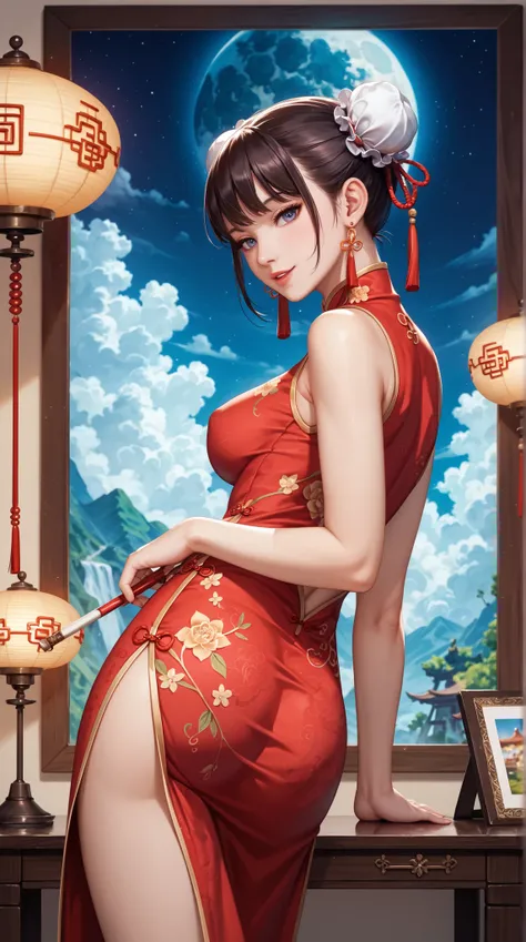 ((Highest Quality)) , (Ultra High Definition) , (Super Detail) , (detailed explanation) , (( best CG )) , (best works of art on the Moon) ,  Ultra Precision Art  , Amazing Painted Art , (Fine Art:1 . 5), female, Bun Hair, china dress,    A large incense bu...